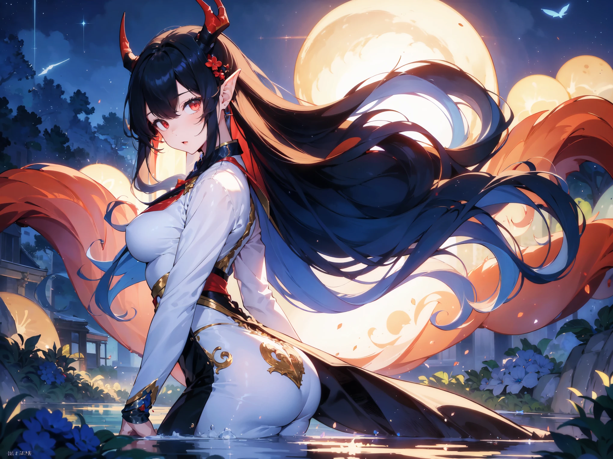 (best quality, highres, masterpiece : 1.4), (flatten art : 0.8), masterpiece, (best quality), 1woman, anime, long hair, jet black hair, straight hair, horns, pale skin, deep red eyes, pointy ears, white ao dai, tall, medium sized breast, alluring face, (detailed face), solo, lake, mystical atmosphere, night, swiping her hair