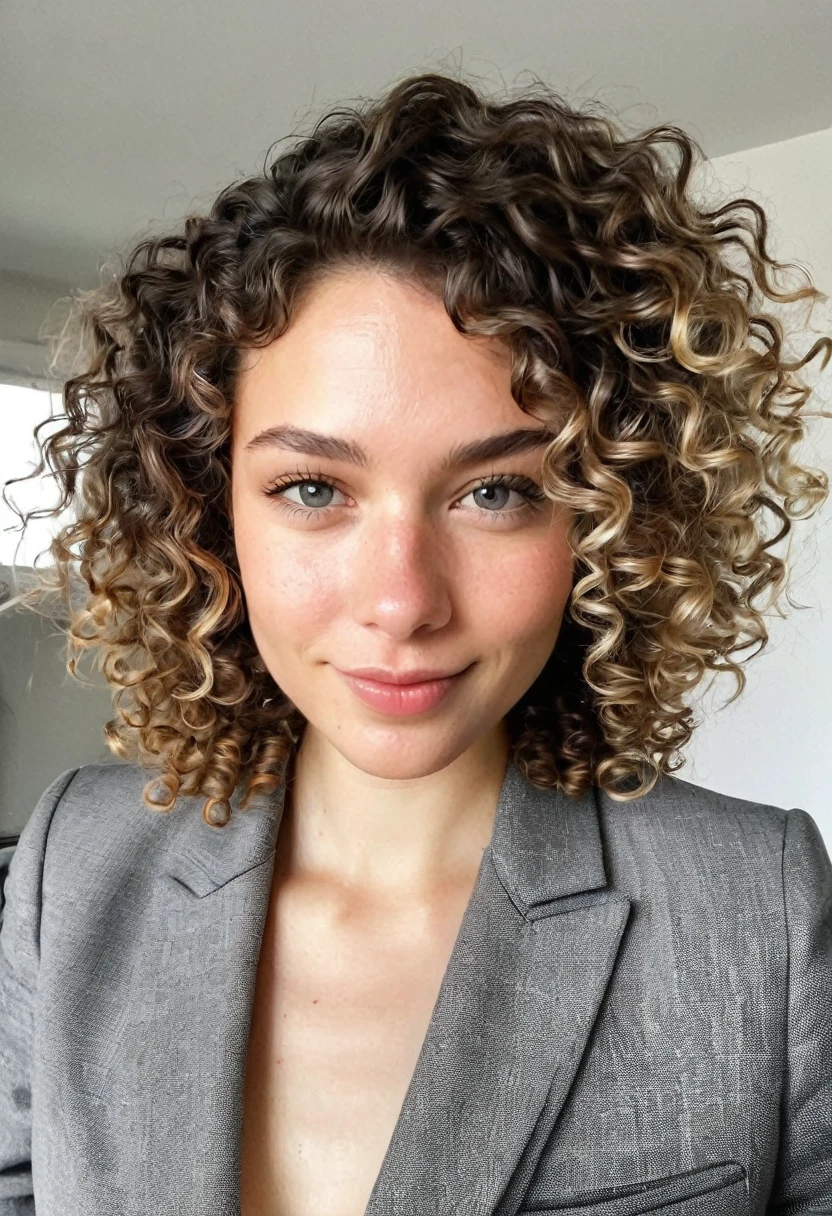 selfie instagram , une femme magnifique de 25 ans , slight smile , detailed face and eyes , natural lighting , At home , curly hair, wear a fitted suit, Grains de films, faible contraste, visage naturel , barbe, Cheveux noirs , yeux gris