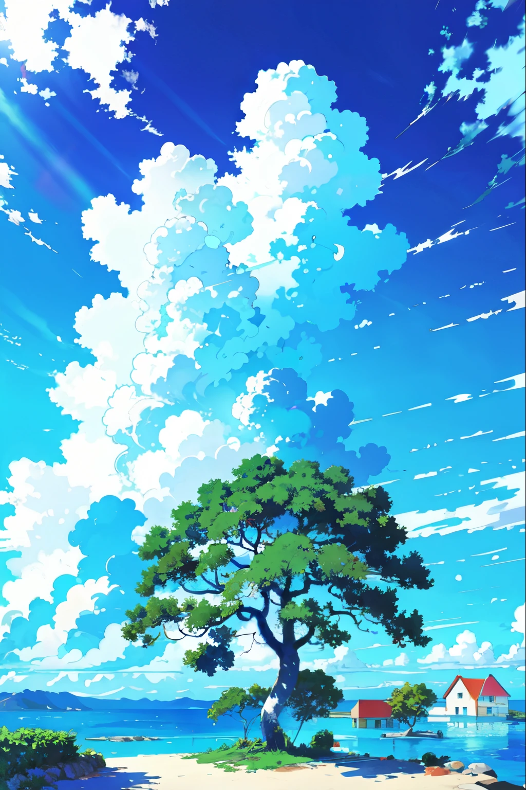 tree, no humans, cloud, sky, outdoors, house, day, smile, blue sky, aqua background, Rich colors, white cloudsï¼ aqichahua, illustration, flat color, Flat style, ocean, (Masterpiece), (best quality)