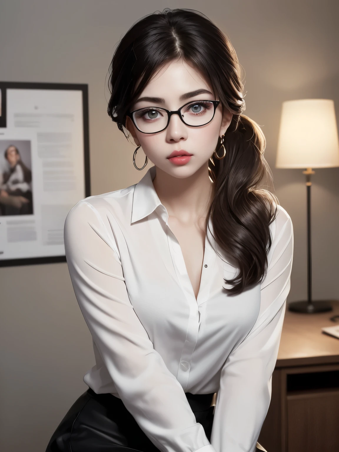 Bust up shot, Dynamic Lighting, (highest quality:1.4), 32K resolution, (Realistic:1.5), (Ultra-realistic:1.5), High resolution UHD, (masterpiece:1.2), (Improvement of quality:1.4), (1.lady), plain office lady, 43 years old, Perfect Anatomy:1.37, (white blouse shirt:1.37), (Long sleeve shirt:1.1), (Black Skirt:1.21), (Black-rimmed glasses:1.21), Earrings, (In the office at dusk:1.21), (Blurred Background), Shut your mouth, Sharpen your eyebrows, [Pink lipstick:0.8], (Super lethargic details:1.25), (Bright pale complexion), Red blush, Dark eyes, Symmetrical eyes, Natural Makeup, ((A great eye for quality:1.2)), (tired, Sleepy and satisfied:0.0), (Beautiful Lips:1.33), (Great nose:1.2),  (Flat Chest), (Slim lower body), Shiny black hair, Let your bangs hang long, (low ponytail:1.21), ((Realistic)), ((Sharp focus)), ((The most ridiculous quality)), (Ultra-high resolution:1.6), Emotional and spectacular cinematic lighting,