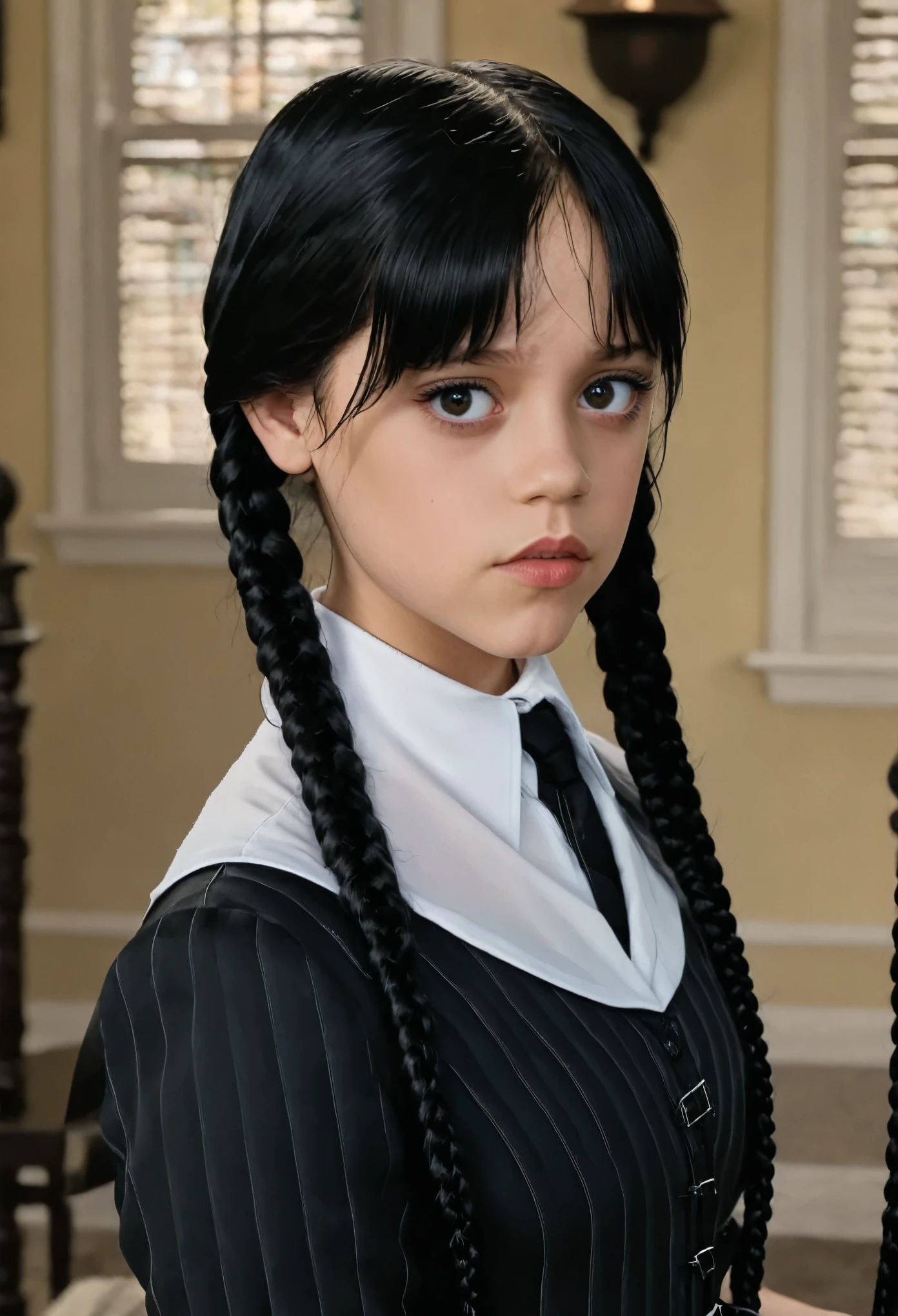 (full head):1.8, Arafed woman looks like Jenna Ortega with braids in a black dress and white shirt, as Mittwoch Addams, Mittwoch Addams, she has white eyes!!!, Sie hat schwarze Haare mit Pony, with black pigtails, she has a sweet face
