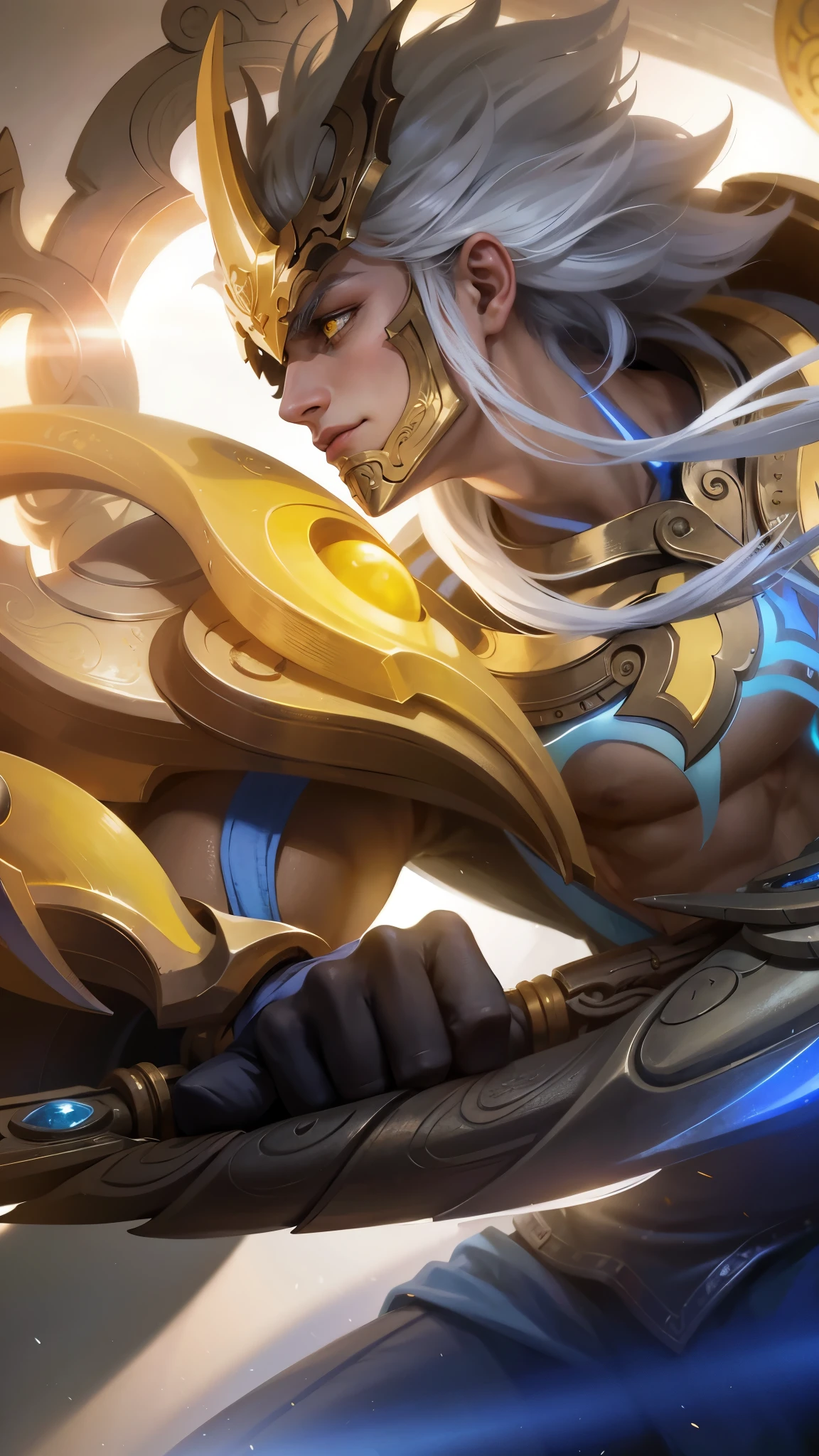 a guy with white hair and a sword in her hands, Best quality, masterpiece, detailed skin texture, detailed clothes texture, detailed face, super detail, 8k, intricate detail, 1 boy, The color doesn't change, Muscle guy, 1 guy, glow yellow eyes, angry.