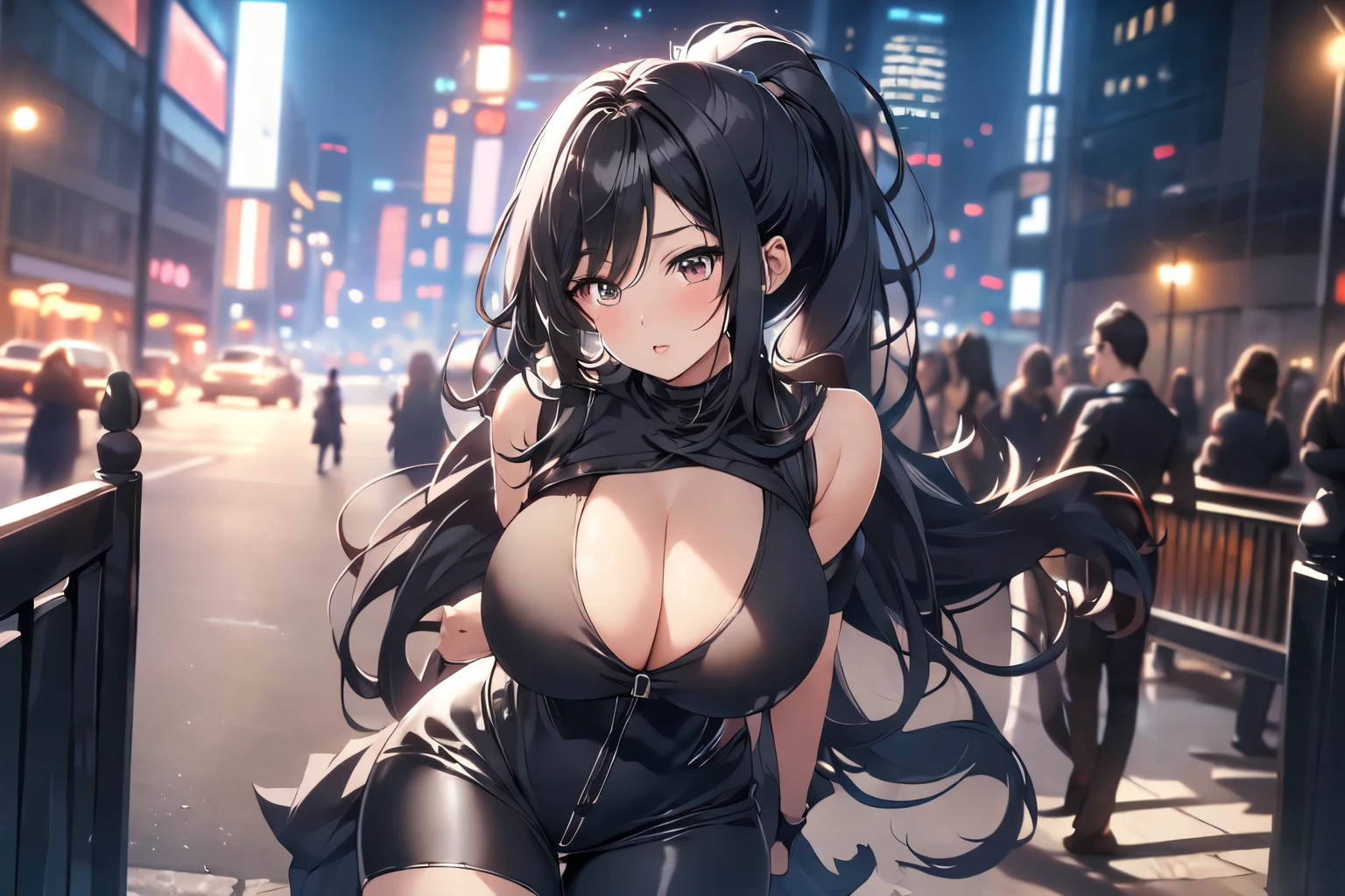 beautiful, alone, 1 chubby woman, long hair tied in a ponytail, black hair, blue highlights at the ends of her hair, silver eyes (detailed eyes), determined look, embarrassed expression, red lips (perfect lips), wide hips, potato thick leg, black leather jumpsuit, peased skirt, long fur cape, futuristic, cyberpunk, cinematic angle, cinematic lighting, artwork, best quality, nsfw, crotch rubbing