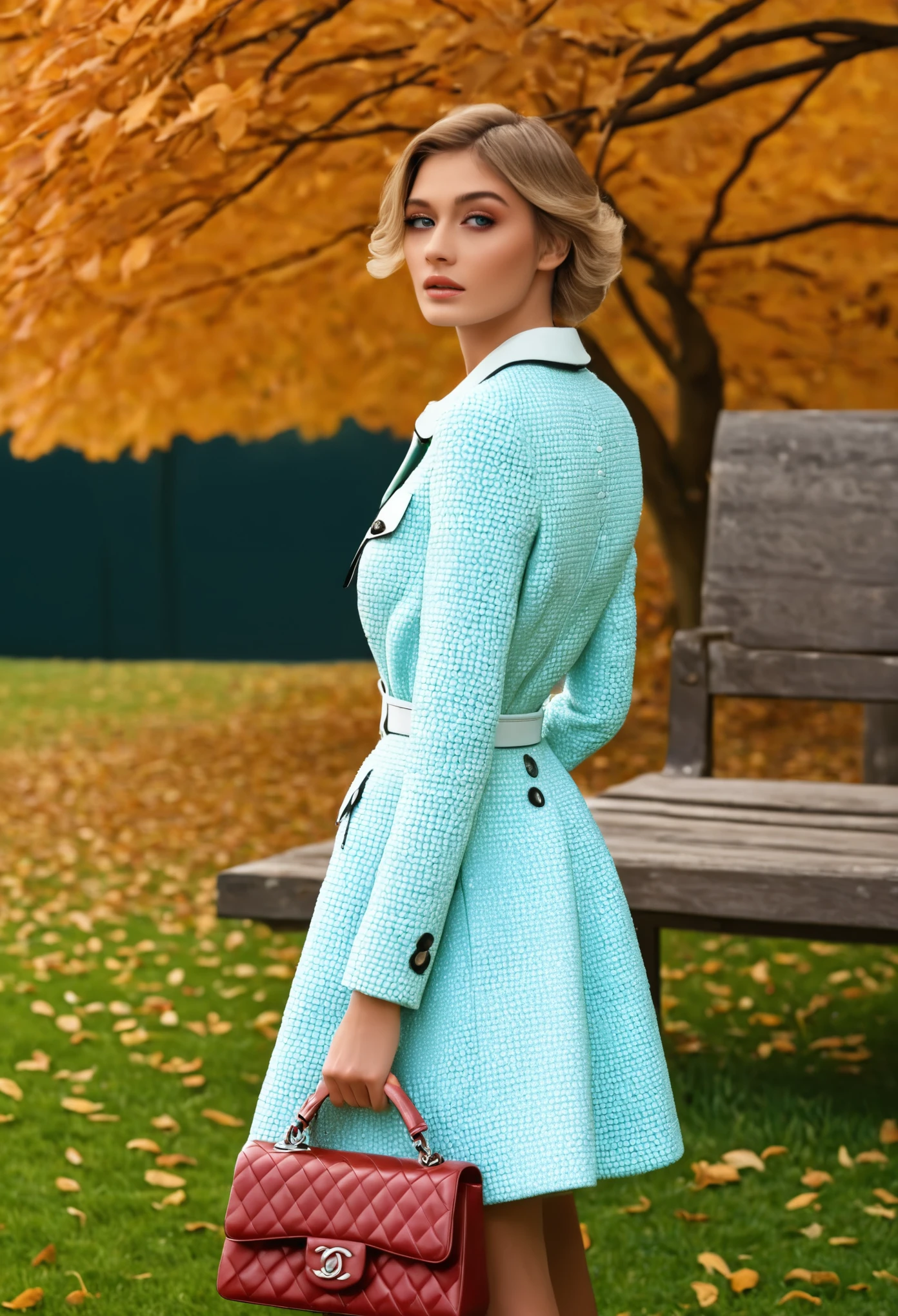 (best quality,4k,8k,highres,masterpiece:1.2),ultra-detailed,(realistic,photorealistic,photo-realistic:1.37),young woman wearing autumn fashion by Chanel,beautiful detailed eyes,beautiful detailed lips,extremely detailed eyes and face,longeyelashes,autumn scenery with falling leaves,crisp and vibrant colors,soft natural lighting,Chanel logo on the clothing,elegant posture,graceful and confident expression,wind blowing through her hair,fashionable accessories and handbag,falling leaves creating a dreamy atmosphere,fine texture and intricate details on the clothing,rich and warm color palette,high-fashion runway vibes,subtle hints of nostalgic elements,scenic garden setting with a bench,elements of nature blending harmoniously with the fashion,subtle lens flare effect,artistic composition with focus on the woman and her outfit,Chanel branding subtly incorporated into the composition,impeccable attention to detail present in every aspect of the image.