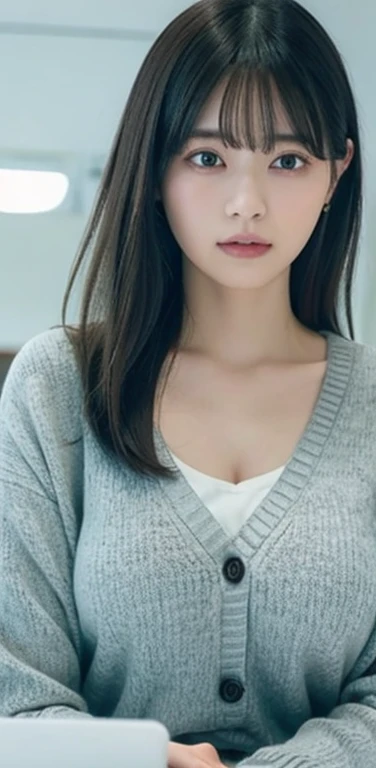 masterpiece, highest quality, 8k, 20th generation, Big Breasts, cute, alone, sad, cute, Girlish,cute 繊細な女の子, cute、Pure beauty,  RAW Photos, Professional photography, Portraiture, Soft Light, Professional Lighting, Backlight, Upper Body, avert your eyes, Sophisticated, Film Grain, (Eye and facial details:1.0), Floating Hair, beautiful, Flowing hair, Asymmetrical bangs、(Big Breasts:1.4)、Loose white blouse、Grayish color cardigan、You can see a little bit of her chest、Micro Mini Skirt、Voluptuous thighs、dolly make、Heterochromia iridis、Office at night、In front of the computer、sitting in an office chair、