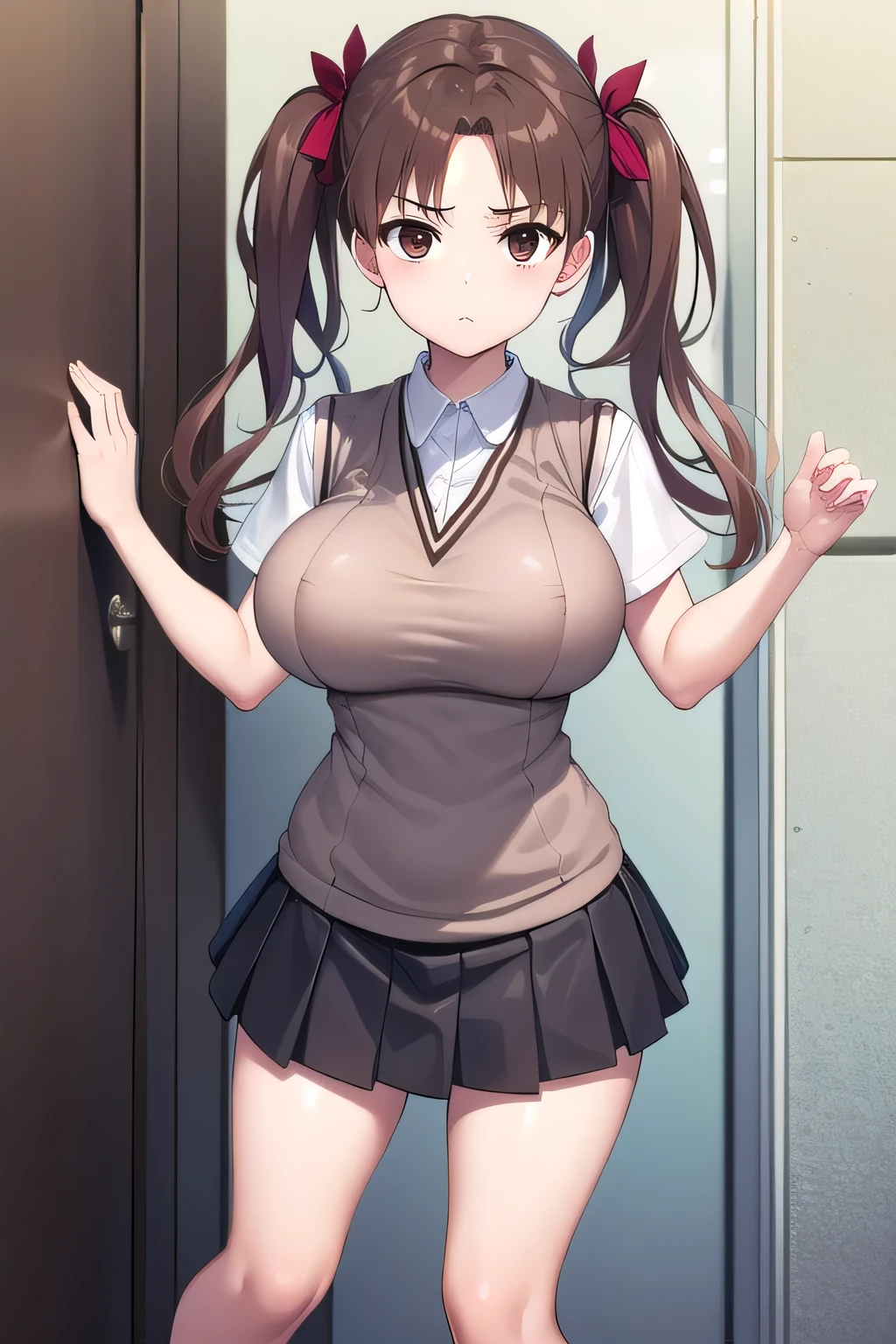 kurokoshirai, kuroko shirai, brown hair, long hair, (parted bangs:1.5), (brown eyes:1.7), Ringlet, twin tails, hair bow, bow, red bow, (Super big boobs:1.5),Clothes that make your chest look so big it looks like it's about to burst、
break armband, black skirt, collared shirt, dress shirt, pleated skirt, safety pin, , shirt, short sleeve, skirt, summer clothes, sweater vest, tokiwadai , twin tails, white shirt, (brown sweater vest:1.5),
break looking at viewer, , whole body,
BREAK Classroom, Alley,Leaning against the wall (masterpiece:1.2), highest quality, High resolution, unity 8k wallpaper, (shape:0.8), (fine and beautiful eyes:1.6), highly detailed face, perfect lighting, Very detailed CG, (perfect hands, perfect anatomy)、A disdainful look、Looking Down、Glaring at me、Full body portrait、Official image、Scene where she takes off her blazer