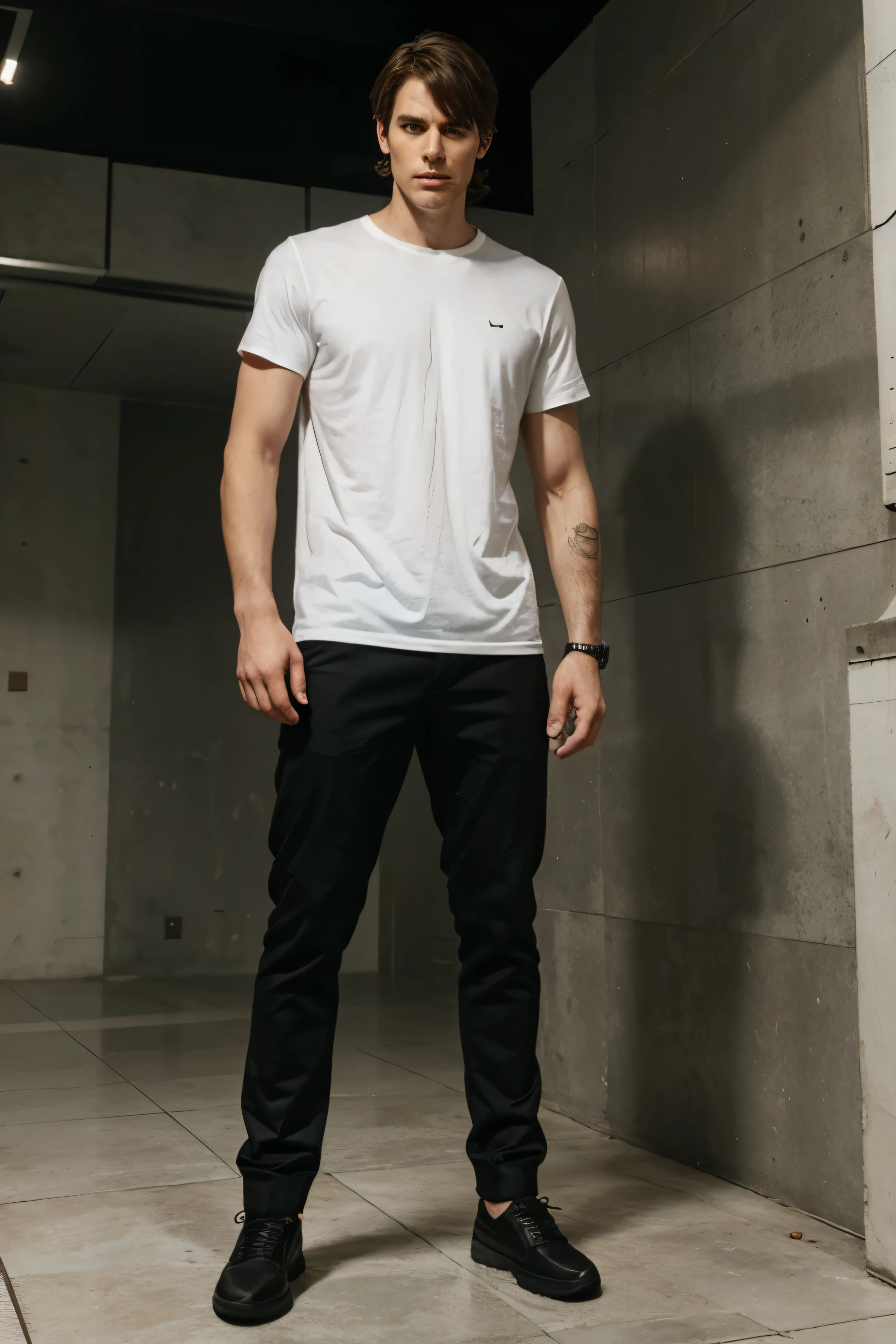 a tall man, short hair, evil face, full body