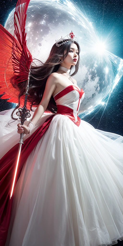 ((In front a background of transparent cuboids floating in space)) canopy of mix of white and red clouds. A female character stands floating in the air. Long Grey silver mix floating luminous hair. crystal white tiara on her head. Wearing a red and black mix gown. armour of white,and red mix cross her chest
 Also matching shoulder guards and arms. The Character holds a long black staff with a Red Bettle Attached to the Staff. White etheral wings ar attached to the  red Beetle. glowing etheral  Light illuminates the character