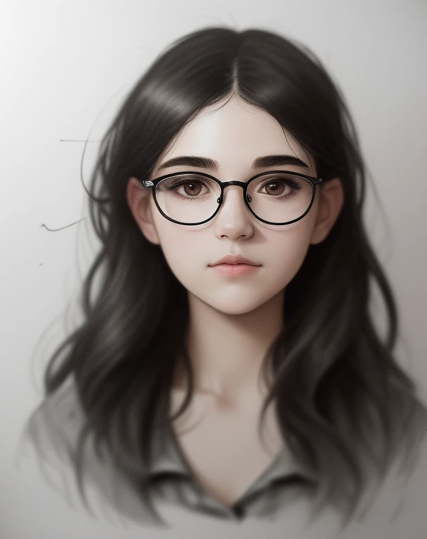 ((High quality, masterpiece:1.4)), 1 girl with aesthetic small breasts, ((Upper body)), portrait sketch, messy drawing, messy charcoal spots, unfinished sketch, sketchbook charcoal style drawing of a woman, sketchbook drawing, sketchbook, beautiful hair, medium tousled dark hair, ahoge, Beautiful round face, Cute symmetrical face, round cheeks, Round chin, slightly parted sensual plump lips, beautiful proportional small wide nose, symmetrical dark eyes, Interested gaze, glasses with lenses ((paper material background)), realistic charcoal lines, imperfect drawing, charcoal crumbs, charcoal lines, flaws