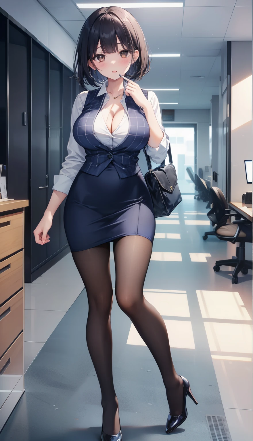 highest quality, Flying debris、Beautiful woman、officeレディー、Black Hair、(Brown eyes、、Blunt bangs)、short hair、チェック柄のダークブルーのofficeスーツ)、new employee,Full Body Shot、Female office lady、break(Dark blue checked vest、White dress shirt、Navy blue mini tight pencil skirt:1.2)、(Black Pantyhose、g belt、High heels)、break(office:1.3)、Cleavage、Shirt bly off、Absolutea、Blushing、Embarrassed、Standing posture、Open your mouth、Exposing the breasts、Bare your breasts