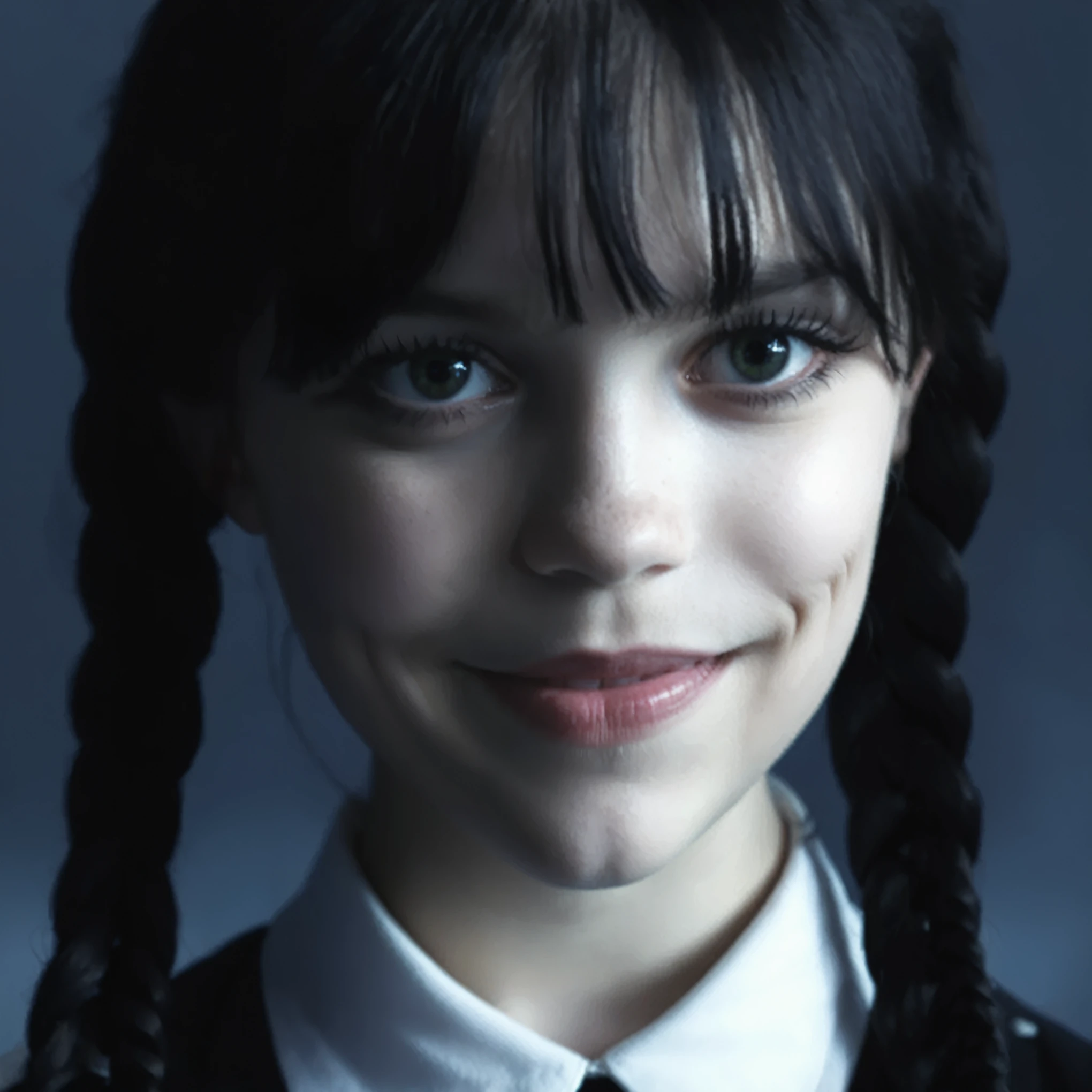 Arafed woman with braids in a black dress and white shirt, as Mittwoch Addams, Mittwoch Addams, Melanie Martinez, she has white eyes!!!, dafne keen, sieht aus wie Christina Ricci, ihr Gesicht sieht aus wie eine Orchidee, Sie hat schwarze Haare mit Pony, so happy, dass ihr Gesicht weh tut, with black pigtails, she has a sweet face