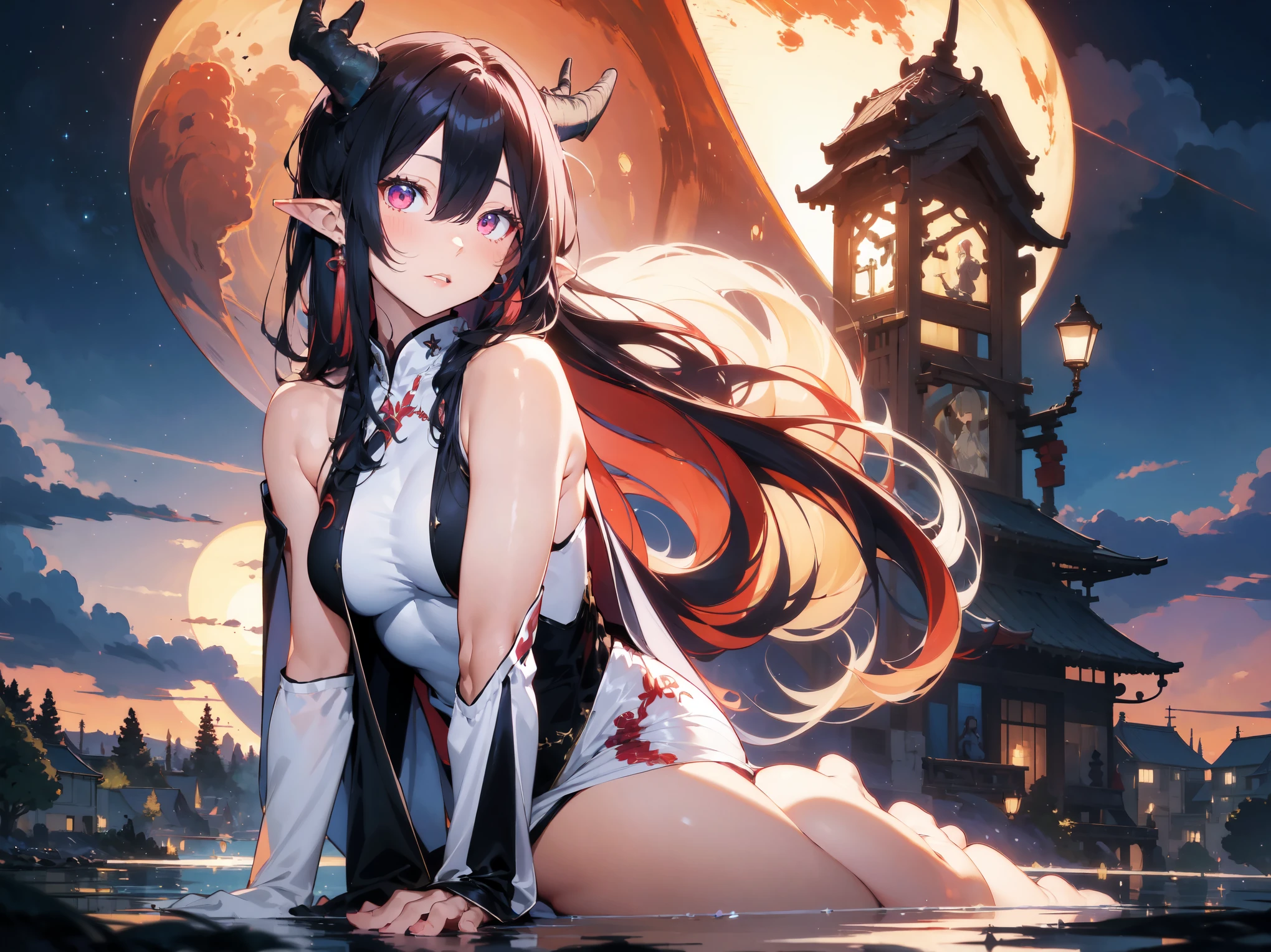 (best quality, highres, masterpiece : 1.4), (flatten art : 0.8), masterpiece, (best quality), dark environment, 1woman, anime, long hair, pink hair, straight hair, horns, pale skin, deep red eyes, pointy ears, white ao dai, tall, medium sized breast, alluring face, (detailed face), solo, lake, mystical atmosphere, night, swiping her hair