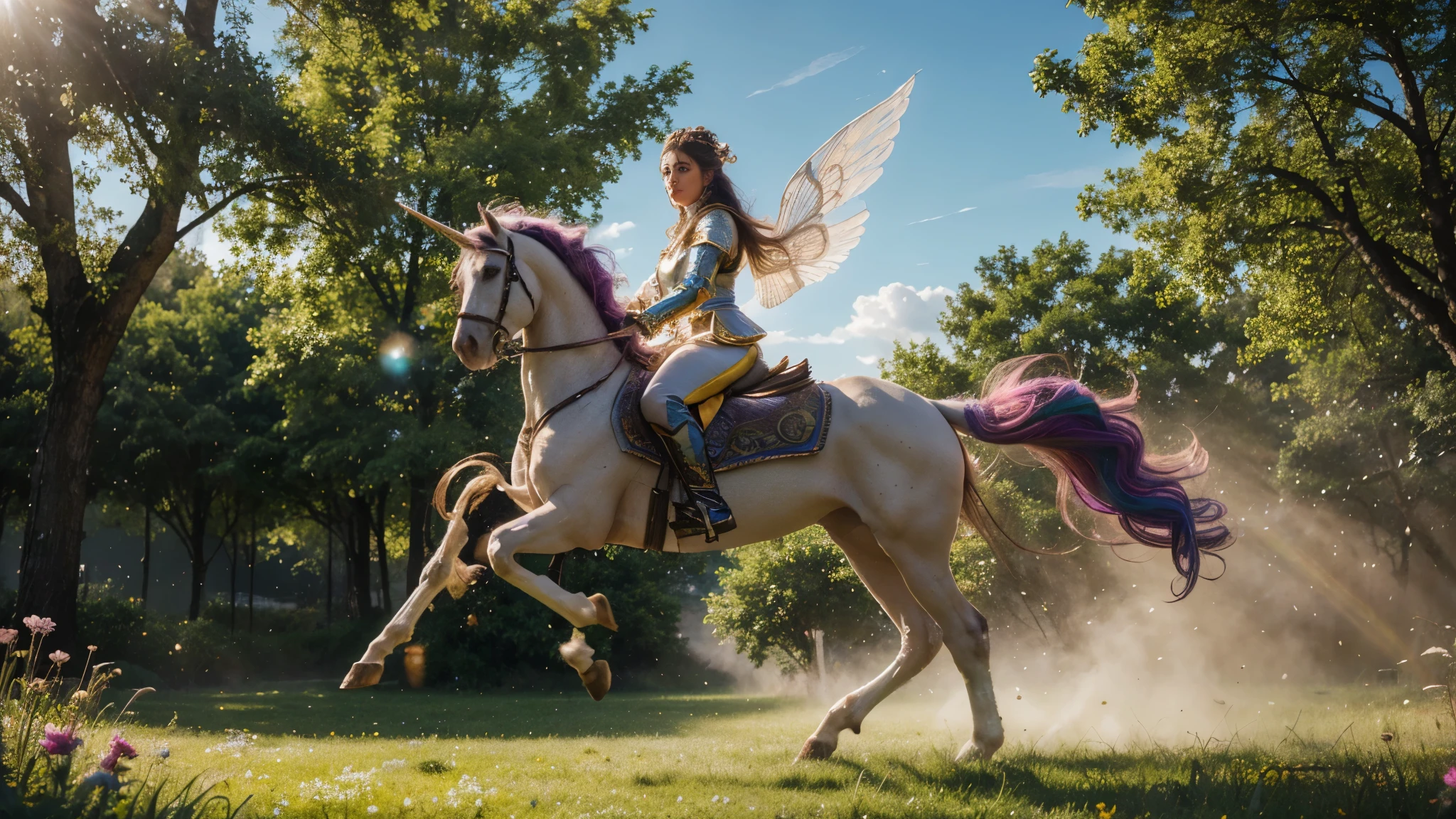 (best quality,4k,8k,highres,masterpiece:1.2), ultra-detailed, (realistic,photorealistic,photo-realistic:1.37), colorful and vibrant, stunning composited, magical, breathtaking piece of art. A beautiful woman riding on a majestic unicorn with colorful wings, holding a sword high in her fist, while shouting in an empowering manner to invoke her powers. The woman has long flowing hair and captivating eyes, with detailed lips forming a resolute expression. She is wearing a magnificent armor adorned with intricate designs and vibrant colors. The unicorn, with its ethereal presence, has a glistening white coat and a flowing mane. Its wings are vibrant and iridescent, casting a mesmerizing glow. The surroundings depict a mystical landscape with lush green meadows, blooming flowers, and tall-standing trees. The sun shines brilliantly through the clouds, casting soft rays of golden light. The scene is filled with enchanting elements, such as sparkling fairy dust, swirling ribbons of magic, and wisps of colorful energy. The overall atmosphere portrays a sense of power, strength, and wonder, making it a captivating piece of art.