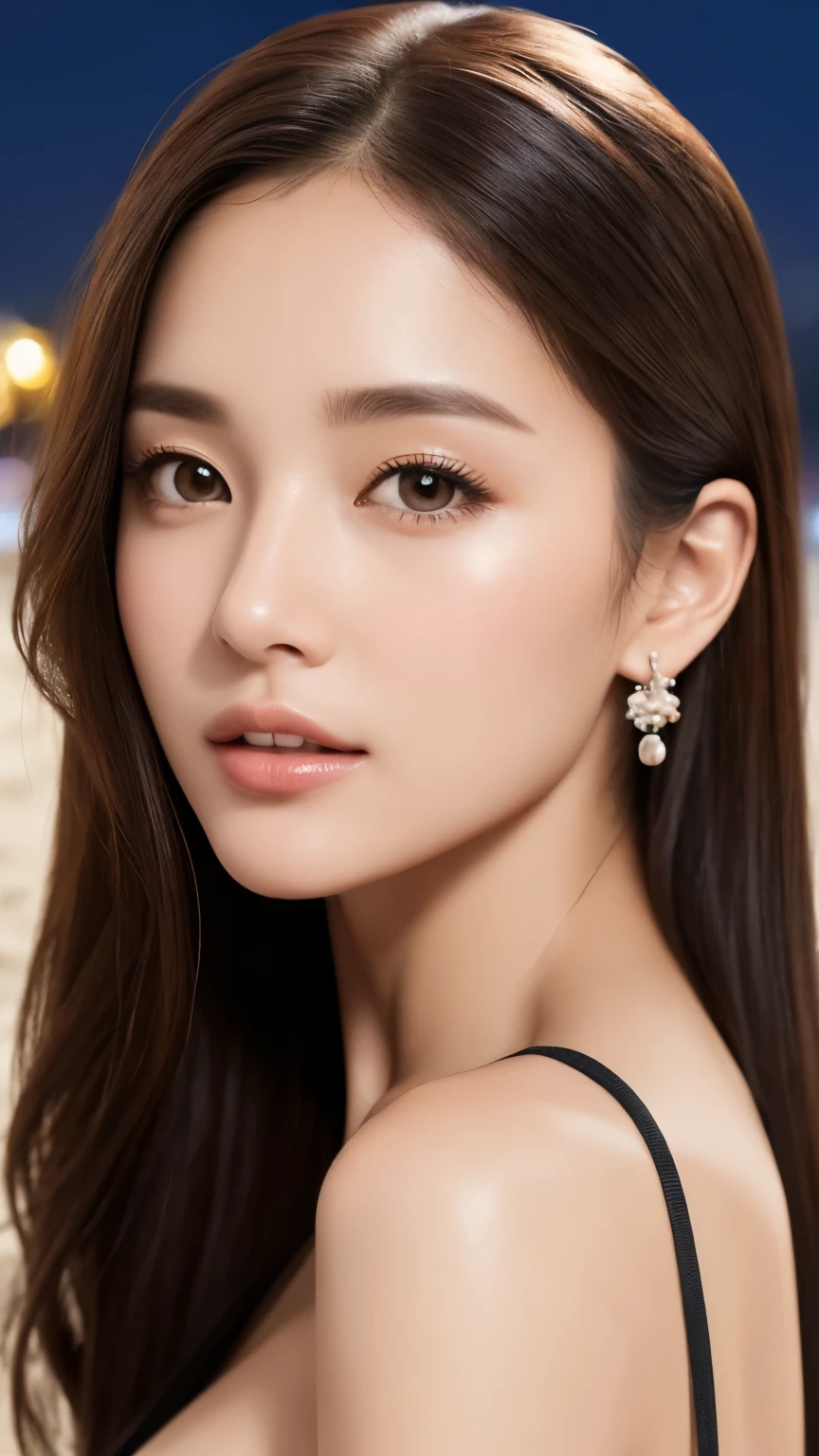 highest quality、Realistic、Photorealistic、Very detailed、Very delicate and beautiful、RAW Photos、Professional Lighting、Facial Light、Written boundary depth、Focus Only、Esbian all over,1 female (Beach at night):1.4)、Brown haired、Brown eyes、Small Head、Beautiful Eyes、Dark eyeliner、Very large breasts、True Face、Real Skin、A vivid face、Realistic Skin、Detailed eyes、Detailed facial features、Detailed characteristics of the garment、(Fashion Clothing:1.3) ), (Fashion Hairstyles: 1.3)、 Looking at the audience, Simple Background, Magnificent face and big, Beautiful Teeth、