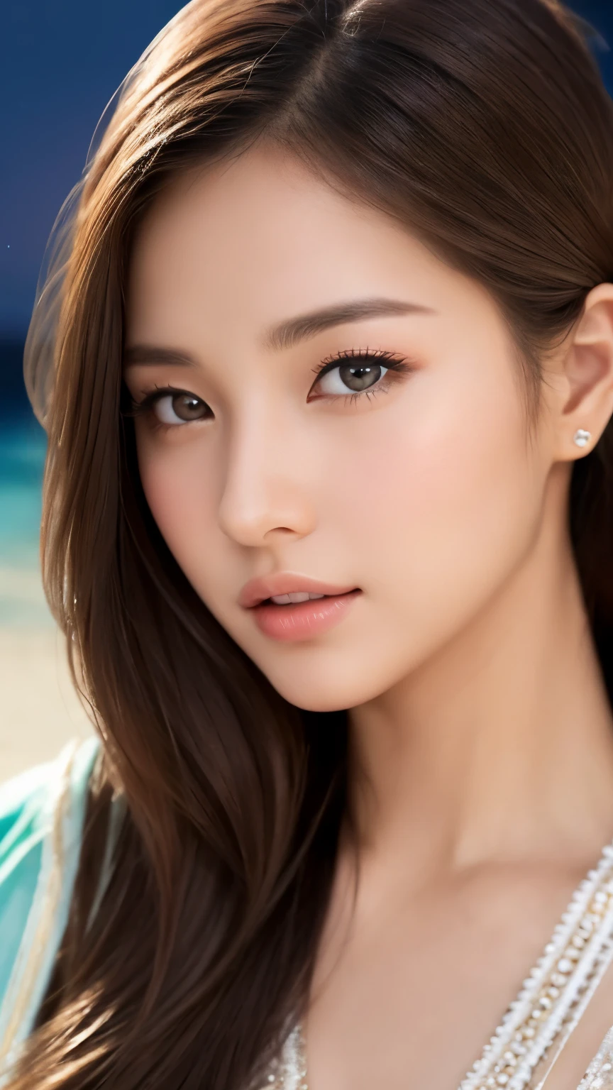 highest quality、Realistic、Photorealistic、Very detailed、Very delicate and beautiful、RAW Photos、Professional Lighting、Facial Light、Written boundary depth、Focus Only、Esbian all over,1 female (Beach at night):1.4)、Brown haired、Brown eyes、Small Head、Beautiful Eyes、Dark eyeliner、Very large breasts、True Face、Real Skin、A vivid face、Realistic Skin、Detailed eyes、Detailed facial features、Detailed characteristics of the garment、(Fashion Clothing:1.3) ), (Fashion Hairstyles: 1.3)、 Looking at the audience, Simple Background, Magnificent face and big, Beautiful Teeth、