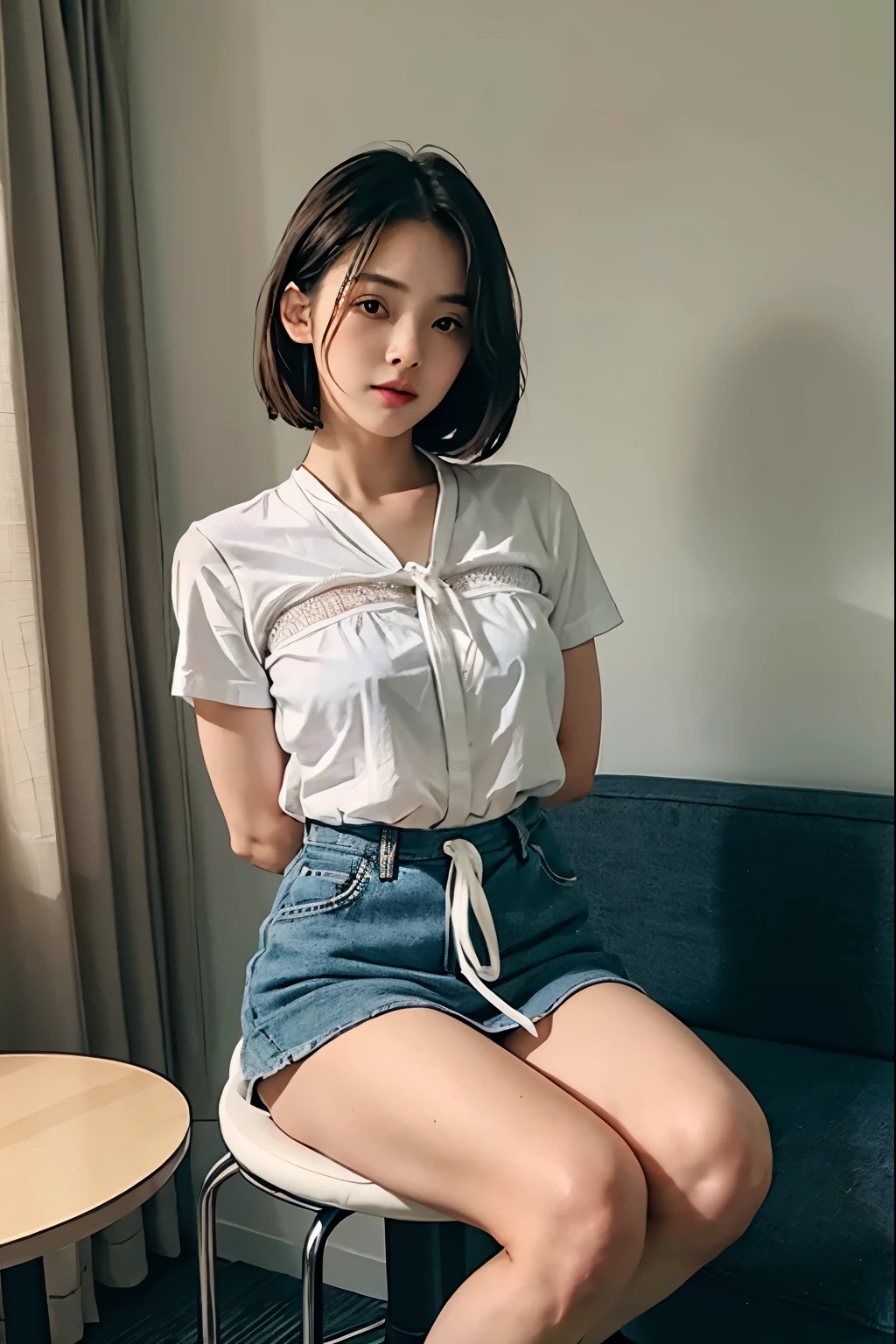 A beautiful woman who has been  and tied up、Well-formed face、Make your eyes even、My hands are tied with ropes、Align your legs、Bright room in the hotel、Short sleeve shirt、mini skirt、White panties、Sit on a chair、２０talent、Medium build、Like real life、highest quality、