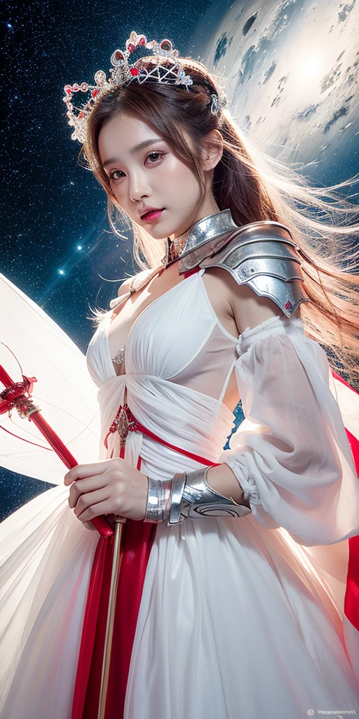 ((In front a background of transparent cuboids floating in space)) canopy of mix of white and red clouds. A female character stands floating in the air. Long Grey silver mix floating luminous hair. crystal white tiara on her head. Wearing a red and black mix gown. armour of white,and red mix cross her chest
 Also matching shoulder guards and arms. The Character holds a long black staff with a Red Bettle Attached to the Staff. White etheral wings ar attached to the  red Beetle. glowing etheral  Light illuminates the character