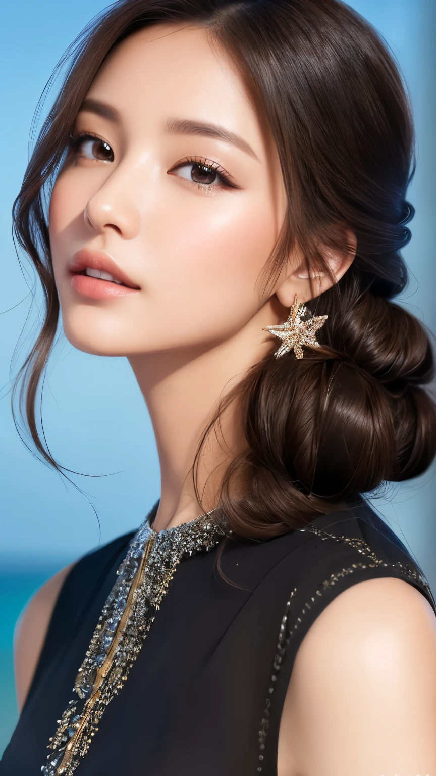 highest quality、Realistic、Photorealistic、Very detailed、Very delicate and beautiful、RAW Photos、Professional Lighting、Facial Light、Written boundary depth、Focus Only、Esbian all over,1 female (Beach at night):1.4)、Brown haired、Brown eyes、Small Head、Beautiful Eyes、Dark eyeliner、Very large breasts、True Face、Real Skin、A vivid face、Realistic Skin、Detailed eyes、Detailed facial features、Detailed characteristics of the garment、(Fashion Clothing:1.3) ), (Fashion Hairstyles: 1.3)、 Looking at the audience, Simple Background, Magnificent face and big, Beautiful Teeth