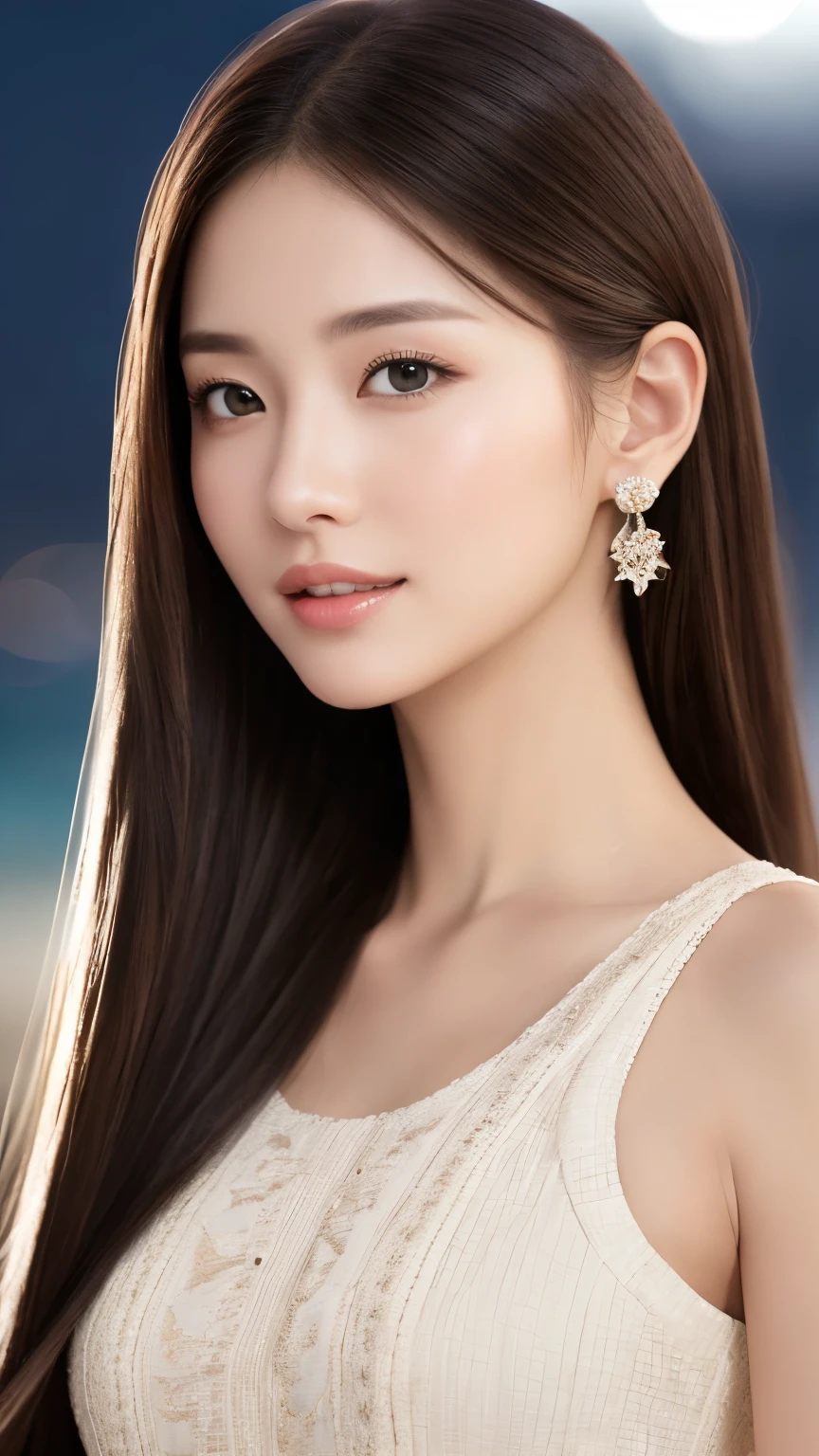 highest quality、Realistic、Photorealistic、Very detailed、Very delicate and beautiful、RAW Photos、Professional Lighting、Facial Light、Written boundary depth、Focus Only、Esbian all over,1 female (Beach at night):1.4)、Brown haired、Brown eyes、Small Head、Beautiful Eyes、Dark eyeliner、Very large breasts、True Face、Real Skin、A vivid face、Realistic Skin、Detailed eyes、Detailed facial features、Detailed characteristics of the garment、(Fashion Clothing:1.3) ), (Fashion Hairstyles: 1.3)、 Looking at the audience, Simple Background, Magnificent face and big, Beautiful Teeth