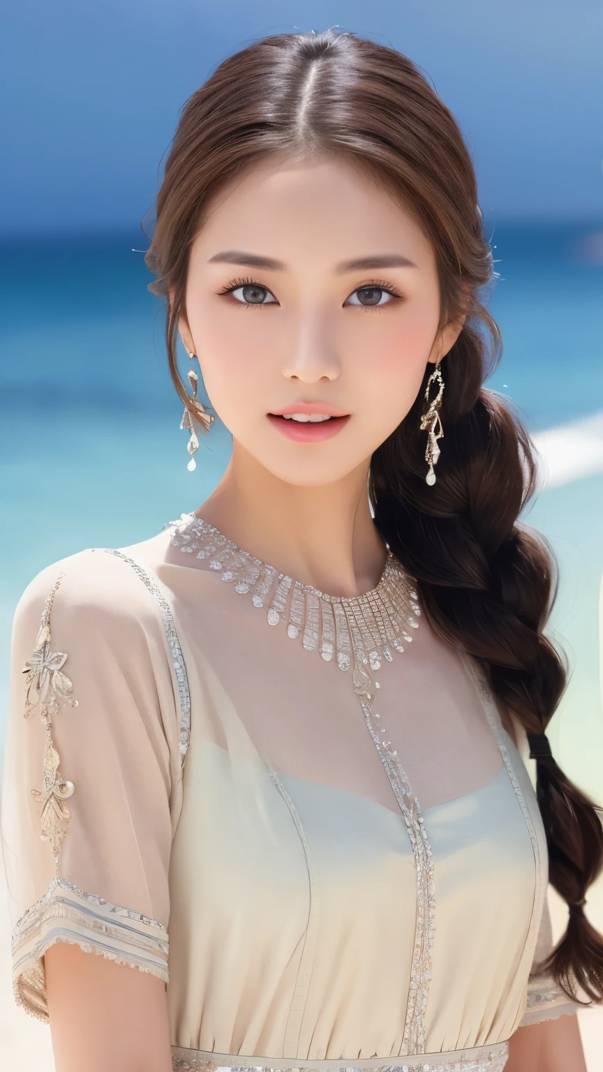 highest quality、Realistic、Photorealistic、Very detailed、Very delicate and beautiful、RAW Photos、Professional Lighting、Facial Light、Written boundary depth、Focus Only、Esbian all over,1 female (Beach at night):1.4)、Brown haired、Brown eyes、Small Head、Beautiful Eyes、Dark eyeliner、Very large breasts、True Face、Real Skin、A vivid face、Realistic Skin、Detailed eyes、Detailed facial features、Detailed characteristics of the garment、(Fashion Clothing:1.3) ), (Fashion Hairstyles: 1.3)、 Looking at the audience, Simple Background, Magnificent face and big, Beautiful Teeth