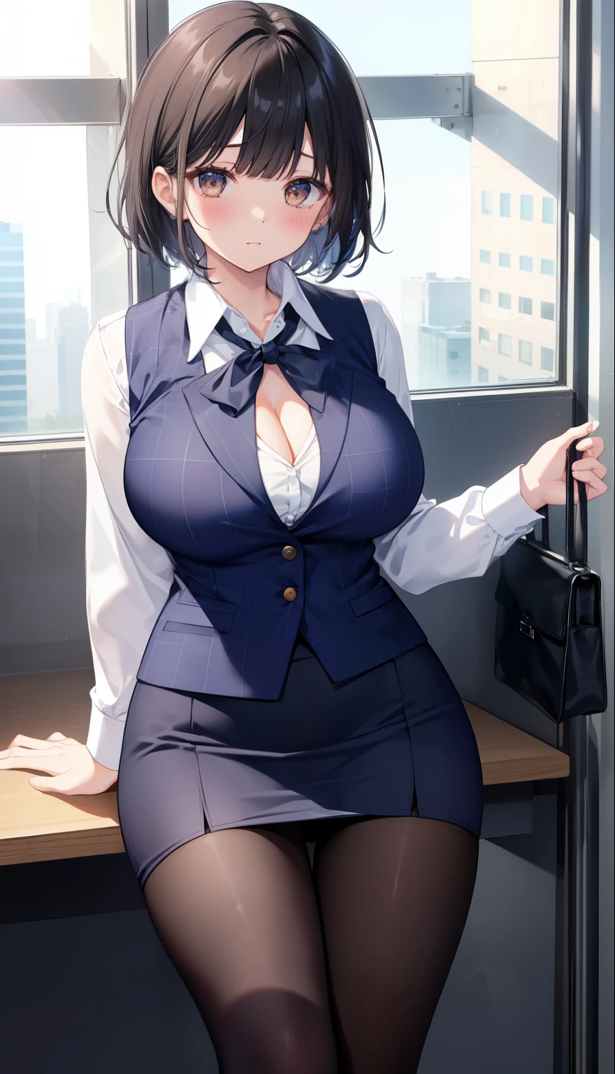 highest quality, Flying debris、Beautiful woman、officeレディー、Black Hair、(Brown eyes、Big Breasts、Blunt bangs)、short hair、チェック柄のダークブルーのofficeスーツ)、new employee,Full Body Shot、Female office lady、break(Dark blue checked vest、White dress shirt、Navy blue mini tight pencil skirt:1.2)、(Black Pantyhose、garter belt、High heels)、break(office:1.3)、Cleavage、Shirt buttons fly off、Absolute area、Blushing、Embarrassed、Standing posture、Open your mouth、Exposing the breasts、Bare your breasts、No panties、No bra、Nipples are visible