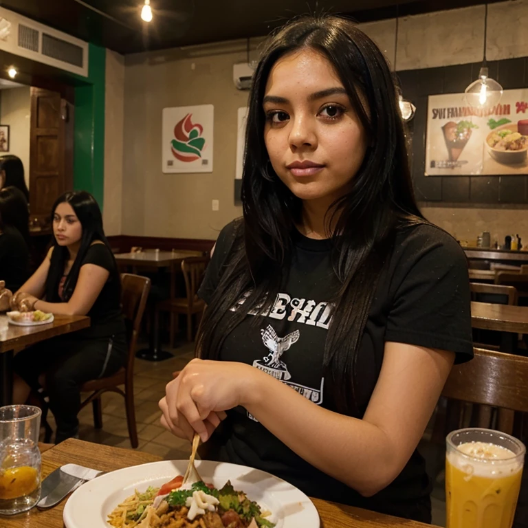 Selfie to Mexican emo girl with long straight black hair, curvy eating Mexican food un restaurante liverpool México 