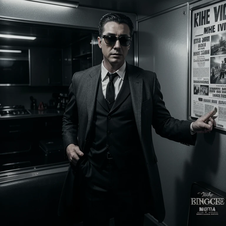 film noir style, The Spirit, movie poster featuring an whitemale Thief with red tie and a black sunglasses with black suitcase with and in a plane with flashing emergency lights, monochrome, extremely detailed, ultra-realistic, cinematic light, mad-sincity, 1940s, noir, db cooper, newspaper cover page, comic, investigation, newsreport, newspaper article