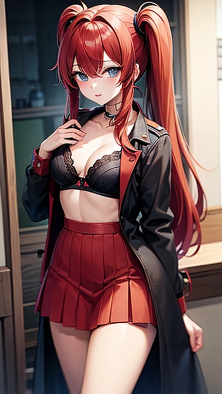 An anime girl with red hair and blue eyes wearing a skirt and an open shirt revealing a black and red bra