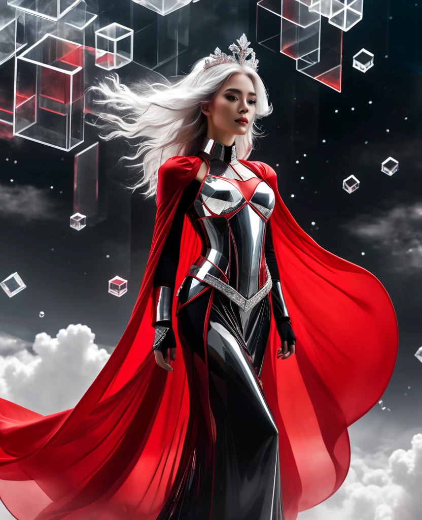 ((Infront a background of transparent cuboids floating in space)) canopy of mix of white and red clouds. A female character stands floating in the air. Long Grey silver mix floating luminous hair. crystal white tiara on her head. Wearing a red and black mix gown. armour of white,and red mix cross her chest
 etheral  Light  illuminates the character