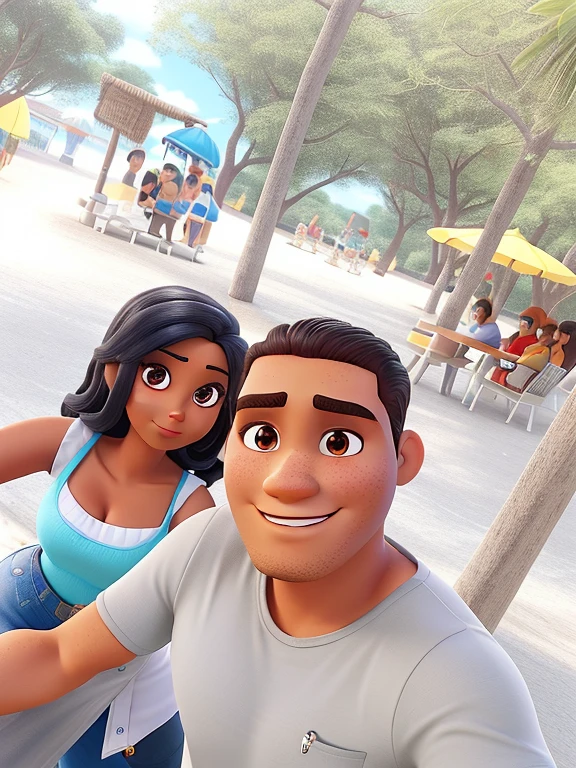 Mulher morena clara de olhos castanhos e cabelo preto, e homem branco loiro de olhos azuis e corpo musculoso, estilo Disney pixar ,alta qualidade,melhor qualidade