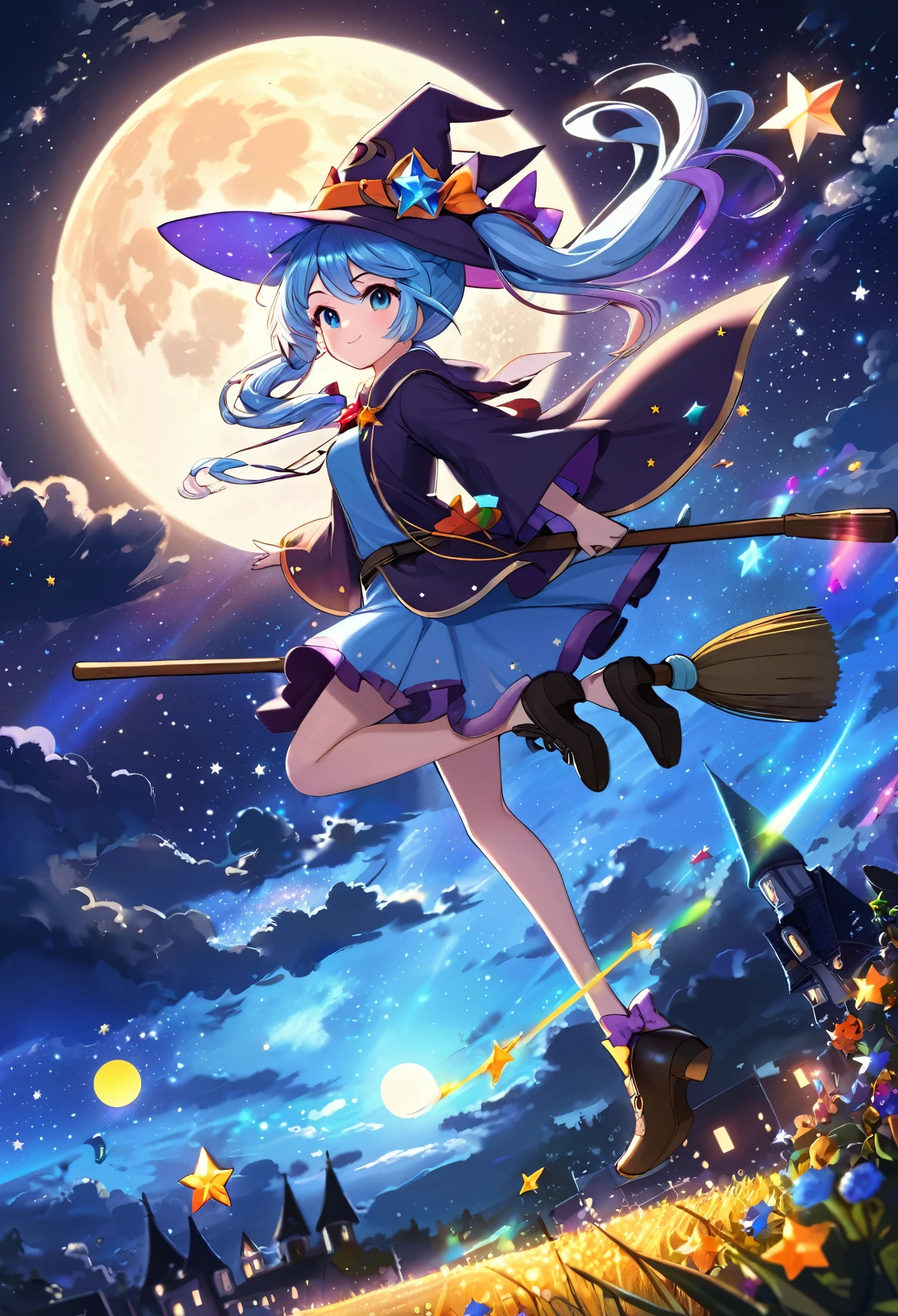 Light blue long hair、Twin tails、1 girl,Flying Witch,Broom ride,Night Sky,cloud,star,moon,Shine,Rich colors,Cast colorful spells,Magical Effects,detailed,beautiful,masterpiece、Make the witch bigger