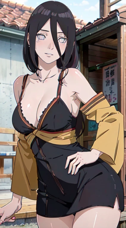 ((((masterpiece, best quality, high resolution)))), 1girl, average breasts, blush, light smile, parted lips, glow, thighs, bare shoulders, collarbone, narrow waist, cleavage, (masterpiece), (beautiful detailed face, beautiful detailed eyes), (hanabi\(boruto\) 