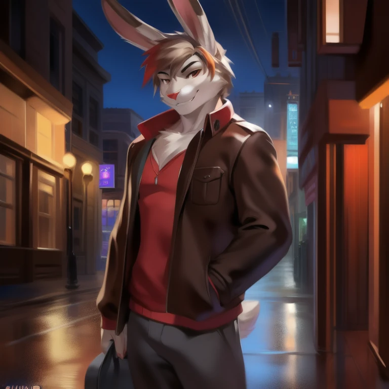 Solo, male, standing, street, medium muscular, smirking, social clothes, dark red jacket, by chunie, rabbit, light gray rabbit, rabbit ears, raised bunny ears, ((hair, snout)) gray fur, brown eyes