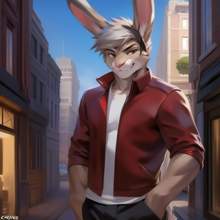 Solo, male, standing, street, medium muscular, smirking, social clothes, dark red jacket, by chunie, rabbit, light gray rabbit, rabbit ears, raised bunny ears, ((hair, snout)) gray fur, brown eyes