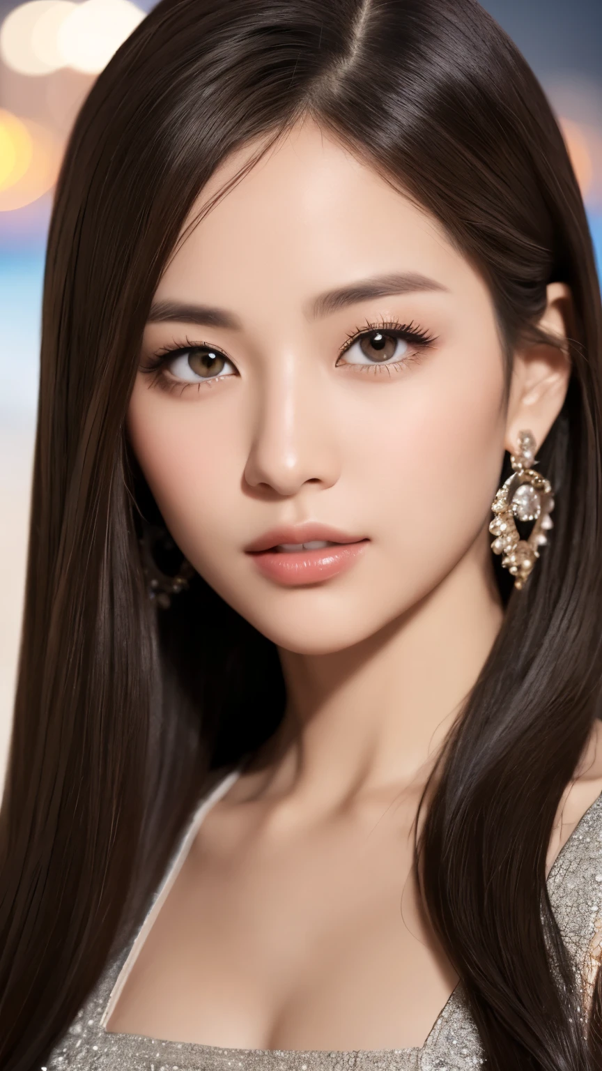highest quality、Realistic、Photorealistic、Very detailed、Very delicate and beautiful、RAW Photos、Professional Lighting、Facial Light、Written boundary depth、Focus Only、Esbian all over,1 female (Beach at night):1.4)、Brown haired、Brown eyes、Small Head、Beautiful Eyes、Dark eyeliner、Very large breasts、True Face、Real Skin、A vivid face、Realistic Skin、Detailed eyes、Detailed facial features、Detailed characteristics of the garment、(Fashion Clothing:1.3) ), (Fashion Hairstyles: 1.3)、 Looking at the audience, Simple Background, Magnificent face and big, Beautiful Teeth