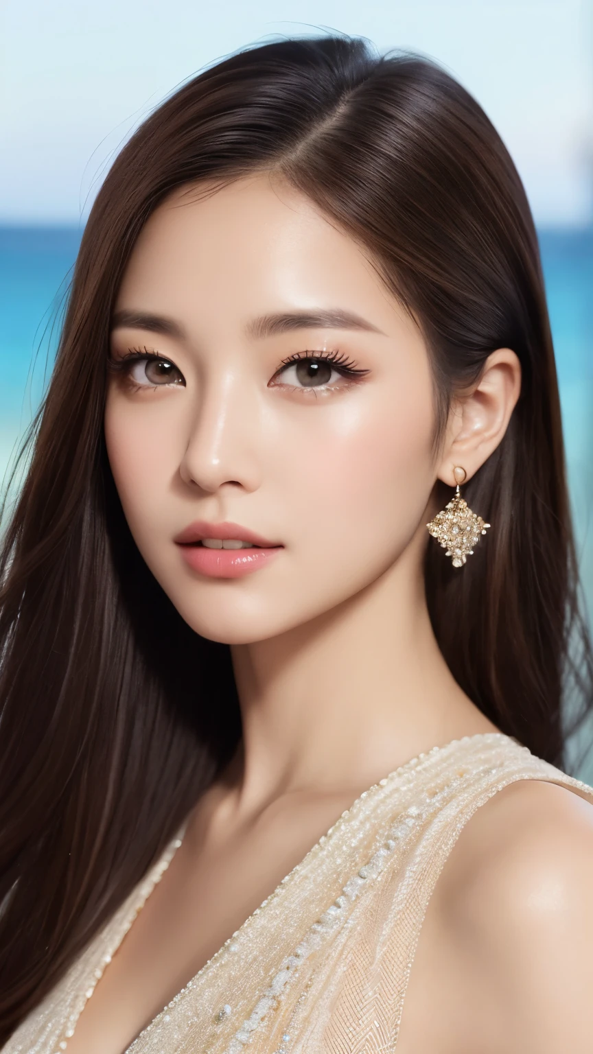 highest quality、Realistic、Photorealistic、Very detailed、Very delicate and beautiful、RAW Photos、Professional Lighting、Facial Light、Written boundary depth、Focus Only、Esbian all over,1 female (Beach at night):1.4)、Brown haired、Brown eyes、Small Head、Beautiful Eyes、Dark eyeliner、Very large breasts、True Face、Real Skin、A vivid face、Realistic Skin、Detailed eyes、Detailed facial features、Detailed characteristics of the garment、(Fashion Clothing:1.3) ), (Fashion Hairstyles: 1.3)、 Looking at the audience, Simple Background, Magnificent face and big, Beautiful Teeth