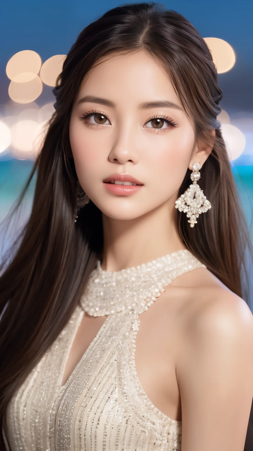 highest quality、Realistic、Photorealistic、Very detailed、Very delicate and beautiful、RAW Photos、Professional Lighting、Facial Light、Written boundary depth、Focus Only、Esbian all over,1 female (Beach at night):1.4)、Brown haired、Brown eyes、Small Head、Beautiful Eyes、Dark eyeliner、Very large breasts、True Face、Real Skin、A vivid face、Realistic Skin、Detailed eyes、Detailed facial features、Detailed characteristics of the garment、(Fashion Clothing:1.3) ), (Fashion Hairstyles: 1.3)、 Looking at the audience, Simple Background, Magnificent face and big, Beautiful Teeth