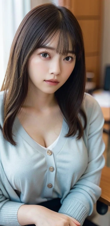 masterpiece, highest quality, 8k, 20th generation, Big Breasts, cute, alone, sad, cute, Girlish,cute 繊細な女の子, cute、Pure beauty,  RAW Photos, Professional photography, Portraiture, Soft Light, Professional Lighting, Backlight, Upper Body, avert your eyes, Sophisticated, Film Grain, (Eye and facial details:1.0), Floating Hair, beautiful, Flowing hair, Asymmetrical bangs、(Big Breasts:1.4)、Loose white blouse、Grayish color cardigan、You can see a little bit of her chest、Micro Mini Skirt、Voluptuous thighs、dolly make、Heterochromia iridis、Office at night、In front of the computer、sitting in an office chair、