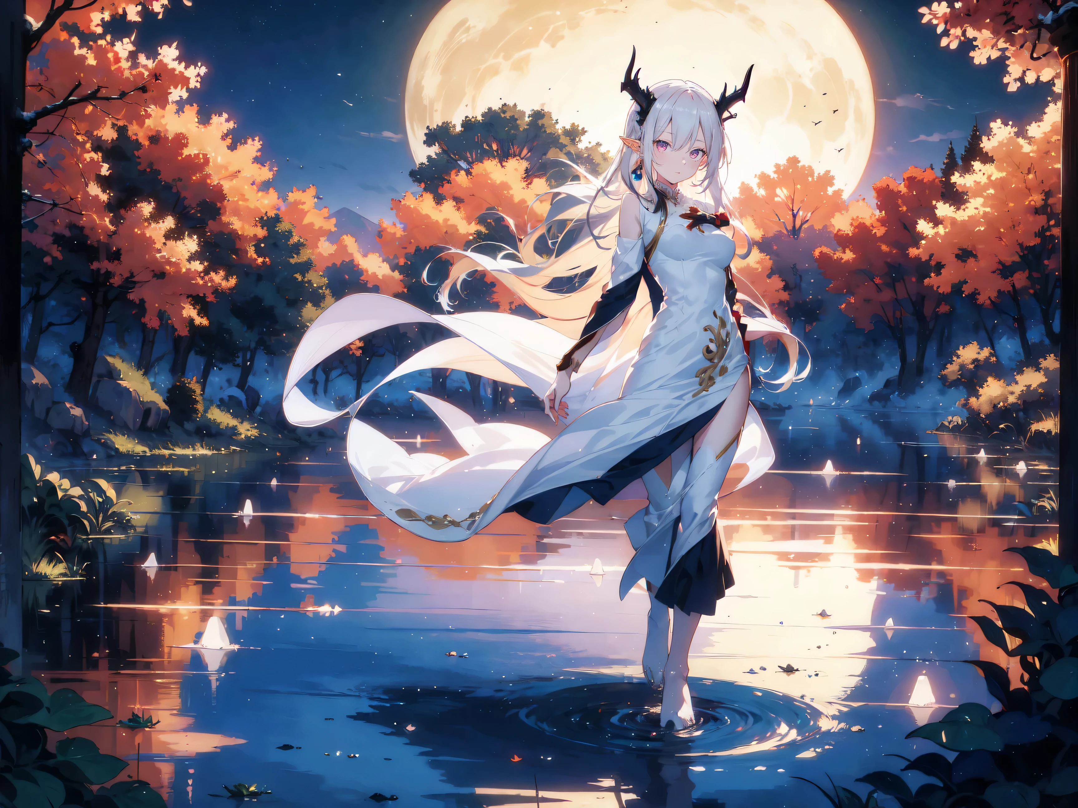 (best quality, highres, masterpiece : 1.4), (flatten art : 0.8), masterpiece, (best quality), dark environment, 1woman, anime, long hair, white hair, straight hair, horns, pale skin, deep red eyes, dragon eyes, pointy ears, white ao dai, tall, medium sized breast, alluring face, (detailed face), solo, lake, mystical atmosphere, night, walking on water