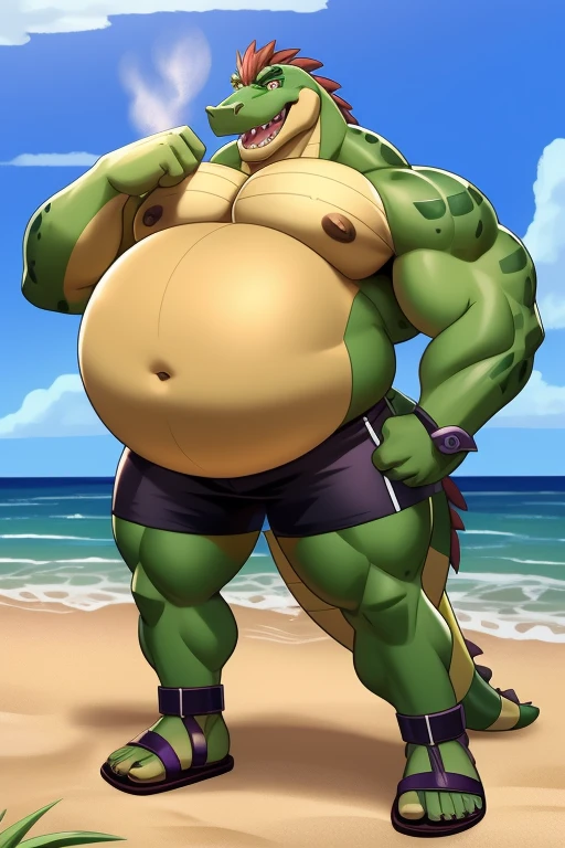 Buff Montgomery gator with a oversized inflated green stomach with beige coloring, high green, big bellybutton,green back, Black shorts,sandals,Standing on the beach in a ready to fart position and farting out a huge gas cloud。