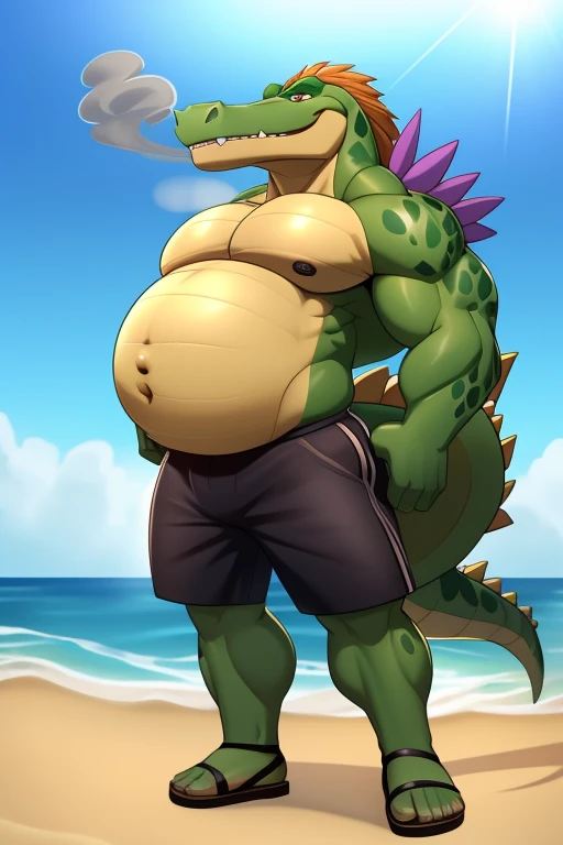 Buff Montgomery gator with a oversized inflated green stomach with beige coloring, high green, big bellybutton,green back, Black shorts,sandals,Standing on the beach in a ready to fart position and farting out a huge gas cloud。