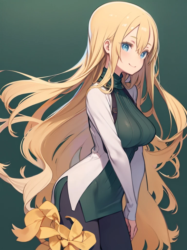 masterpiece、highest quality、High resolution、Very detailed、Medium wide shot、(A woman with long blonde hair and big breasts)、Angle from the side、profile、Smiling、Are standing、Hands at your side、Simple Background、Green Turtleneck Sweater、Dark green pencil skirt、Dark green tights、