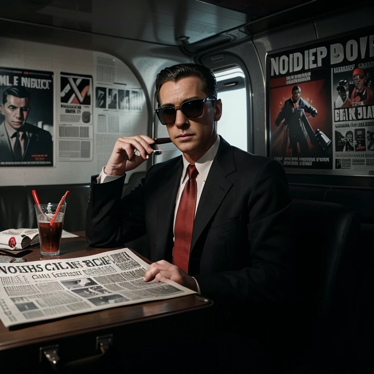 film noir style, newspaper article, movie poster featuring an whitemale Thief with red tie and a black sunglasses with black suitcase with and in a plane with flashing emergency lights, extremely detailed, ultra-realistic, cinematic light, 1940s, noir, db cooper, newspaper cover page poster