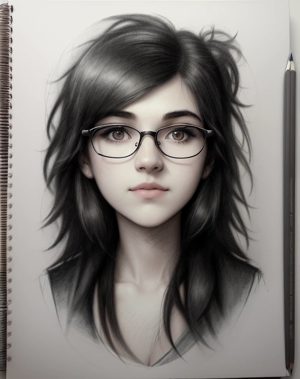 ((High quality, masterpiece:1.4)), 1 girl with aesthetic small breasts, ((Upper body)), portrait sketch, messy drawing, messy charcoal spots, unfinished sketch, sketchbook charcoal style drawing of a woman, sketchbook drawing, sketchbook, beautiful hair, medium tousled dark hair(rebellious 80s punk hairstyle), Beautiful round face, Cute symmetrical face, slightly parted sensual plump lips, ironic half-smile, beautiful proportional small wide nose, symmetrical dark eyes, Sarcastic Look, glasses with lenses ((paper material background)), realistic charcoal lines, imperfect drawing, charcoal crumbs, charcoal lines, flaws