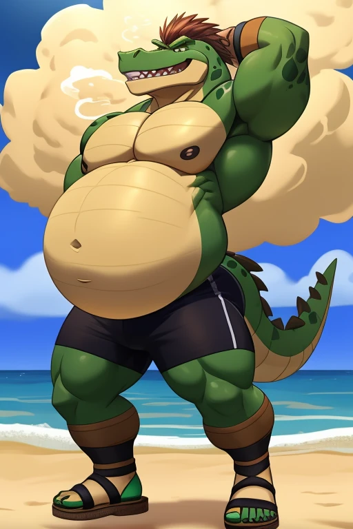 Buff Montgomery gator with a oversized inflated green stomach with beige coloring, high green, big bellybutton,green back, Black shorts,sandals,Standing on the beach in a ready to fart position and farting out a huge gas cloud。