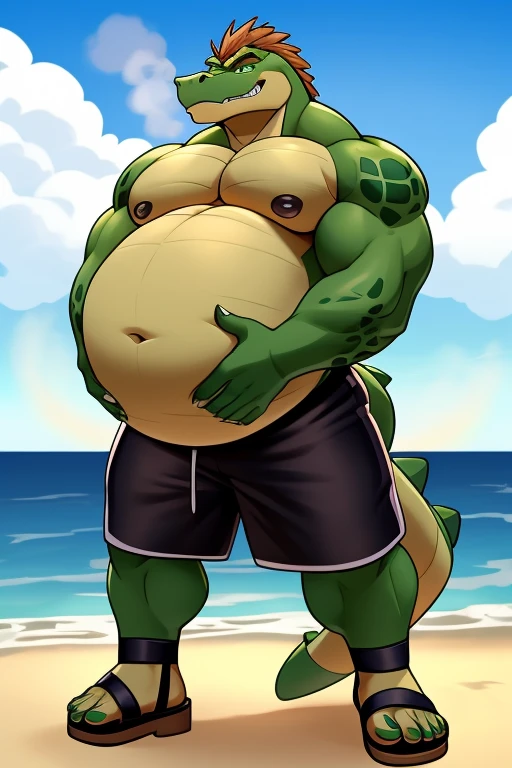 Buff Montgomery gator with a oversized inflated green stomach with beige coloring, high green, big bellybutton,green back, Black shorts,sandals,Standing on the beach in a ready to fart position and farting out a huge gas cloud。