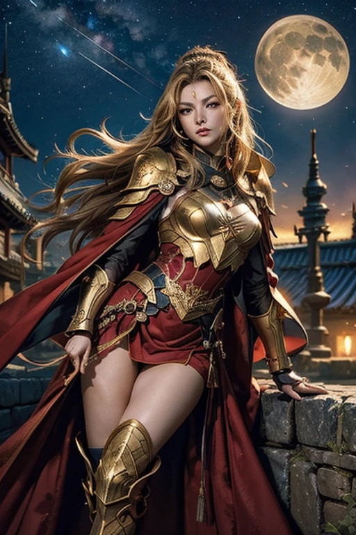 Metallic red and gold armorと青いマントを着た女性武将、Sengoku Warlords、Yang Duanhe、battlefield、In combat、Blonde updo、Three red dots on the forehead、(Holds two long swords)、Two sheaths on the waist、Confident face、Looking from above、very beautiful、A beautiful woman、(Metallic red and gold armor、Long blue cloak)、Highly detailed costume、8K,highest quality, masterpiece、Ultra-high resolution、Portrait, Official Art、1 girl、Beautiful woman with perfect body、Full body image, Glowing Skin、(Glossy lips、Highly detailed face and skin texture、Detailed Eyes、double eyelid)、Sharp long legs、City wall in background、night、Starry Sky、full moon