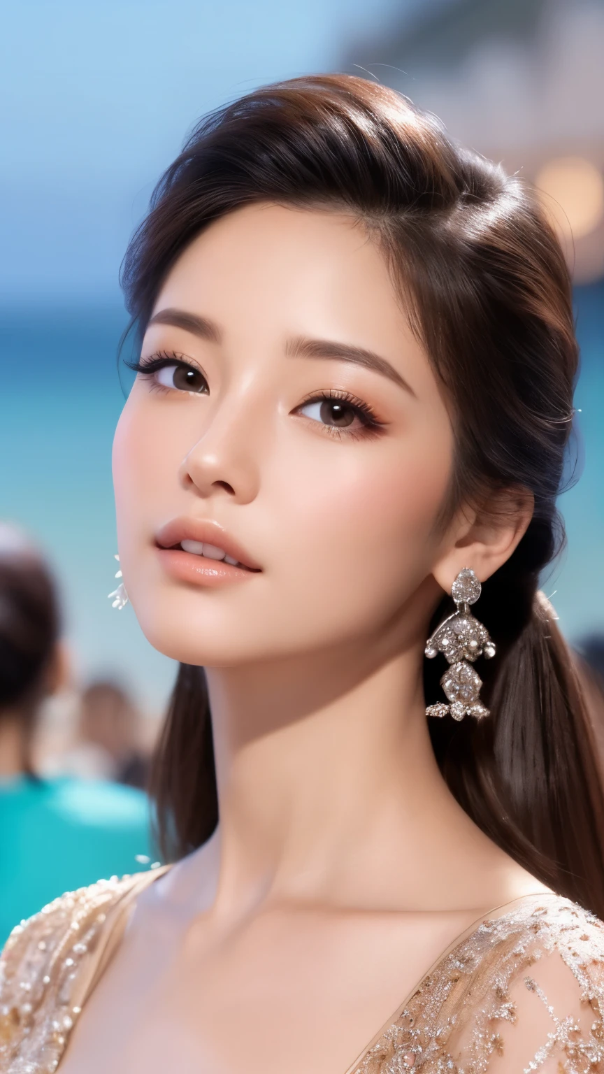 highest quality、Realistic、Photorealistic、Very detailed、Very delicate and beautiful、RAW Photos、Professional Lighting、Facial Light、Written boundary depth、Focus Only、Esbian all over,1 female (Beach at night):1.4)、Brown haired、Brown eyes、Small Head、Beautiful Eyes、Dark eyeliner、Very large breasts、True Face、Real Skin、A vivid face、Realistic Skin、Detailed eyes、Detailed facial features、Detailed characteristics of the garment、(Fashion Clothing:1.3) ), (Fashion Hairstyles: 1.3)、 Looking at the audience, Simple Background, Magnificent face and big, Beautiful Teeth