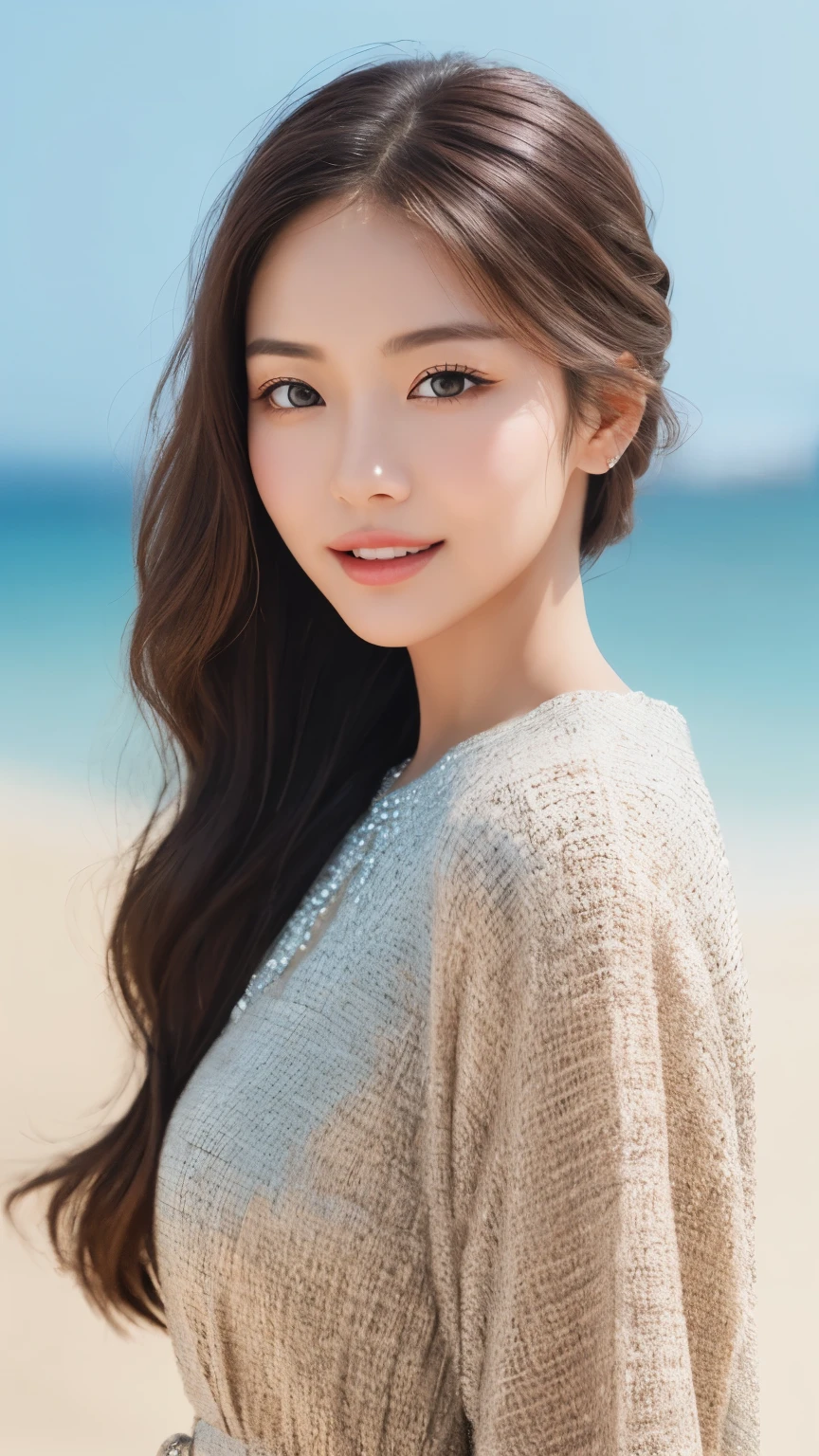 highest quality、Realistic、Photorealistic、Very detailed、Very delicate and beautiful、RAW Photos、Professional Lighting、Facial Light、Written boundary depth、Focus Only、Esbian all over,1 female (Beach at night):1.4)、Brown haired、Brown eyes、Small Head、Beautiful Eyes、Dark eyeliner、Very large breasts、True Face、Real Skin、A vivid face、Realistic Skin、Detailed eyes、Detailed facial features、Detailed characteristics of the garment、(Fashion Clothing:1.3) ), (Fashion Hairstyles: 1.3)、 Looking at the audience, Simple Background, Magnificent face and big, Beautiful Teeth