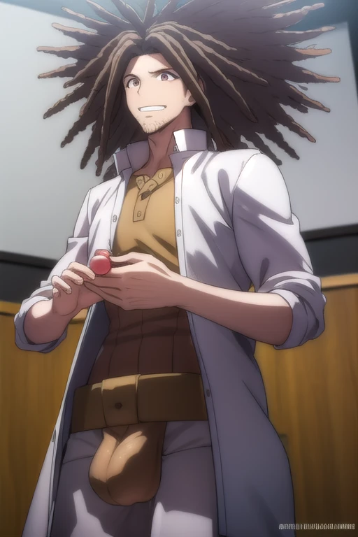 yasuhirohagakure, yasuhiro hagakure, bangs, brown hair, (brown eyes:1.3), male focus, facial hair, dreadlocks, smile, grin,
BREAK no clothing, nude, naked, massive penis, thick penis, long penis, penis hanging down, long foreskin, huge balls, body hair, pubes, 
BREAK indoors, classroom,
BREAK looking at viewer, (cowboy shot:1.5),
BREAK (masterpiece:1.2), best quality, high resolution, unity 8k wallpaper, (illustration:0.8), (beautiful detailed eyes:1.6), extremely detailed face, perfect lighting, extremely detailed CG, (perfect hands, perfect anatomy),